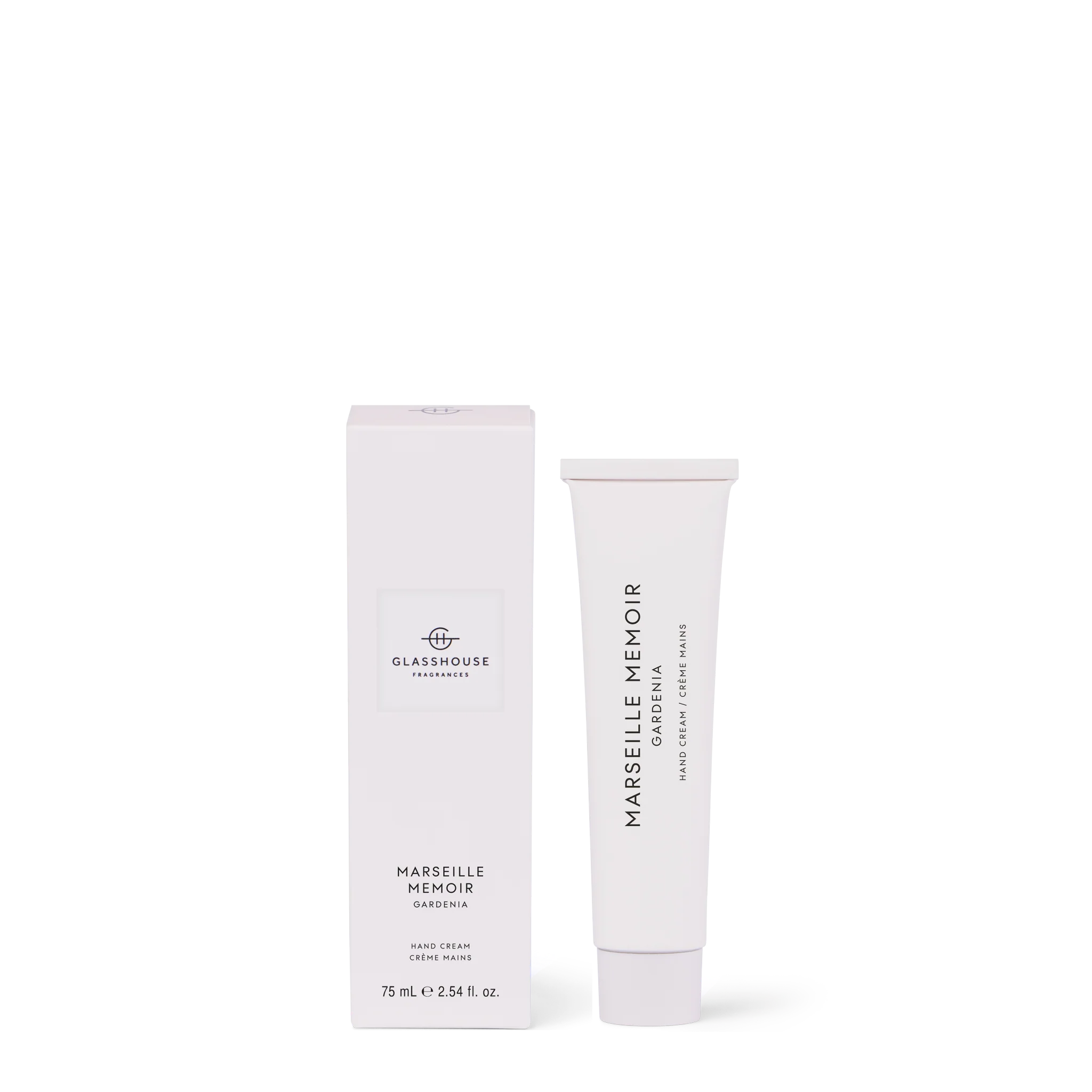 Glasshouse Fragrances Marseille Memoir Gardenia 75mL hand cream in a sleek tube with floral design and elegant packaging.