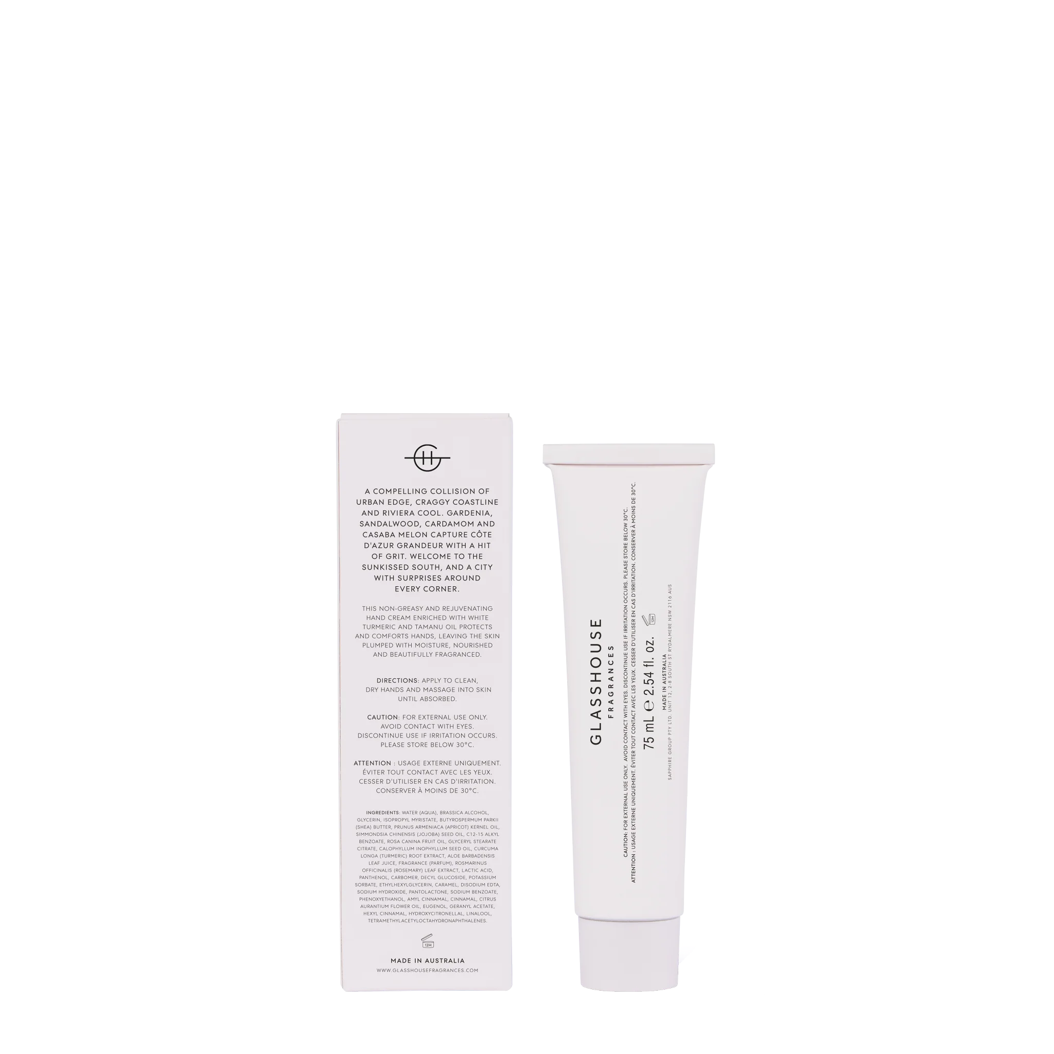 Glasshouse Fragrances Marseille Memoir Gardenia 75mL hand cream tube with floral design and elegant packaging.