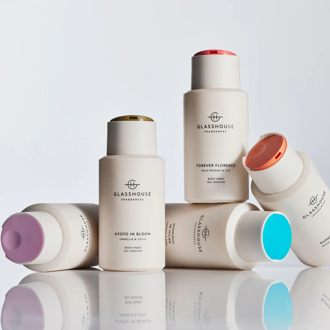 300mL Glasshouse Fragrances body wash with saffron and rose, featuring a sleek bottle design and floral accents.