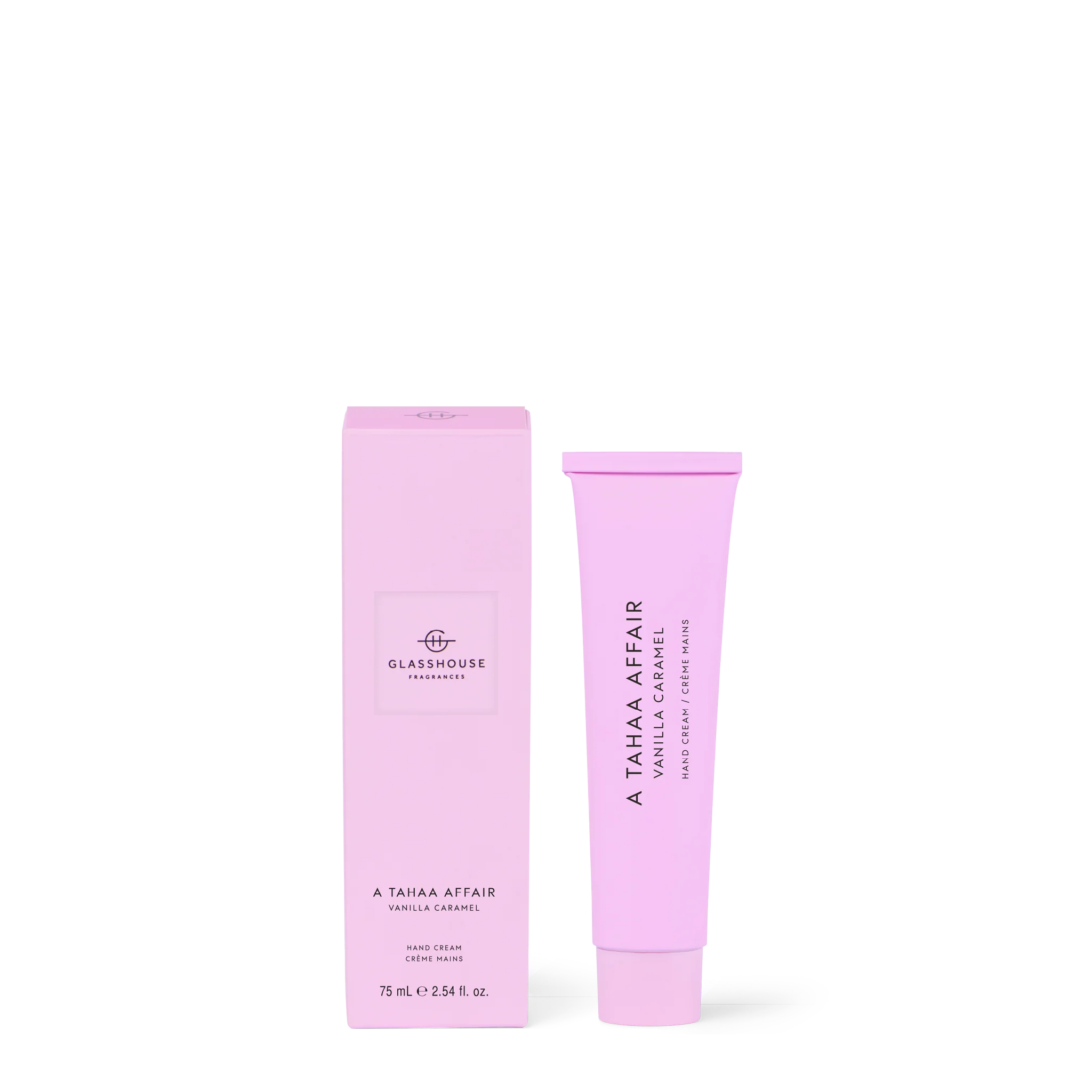 Glasshouse Fragrances A TAHAA AFFAIR Vanilla Caramel hand cream in a 75mL tube with a creamy texture and elegant packaging.