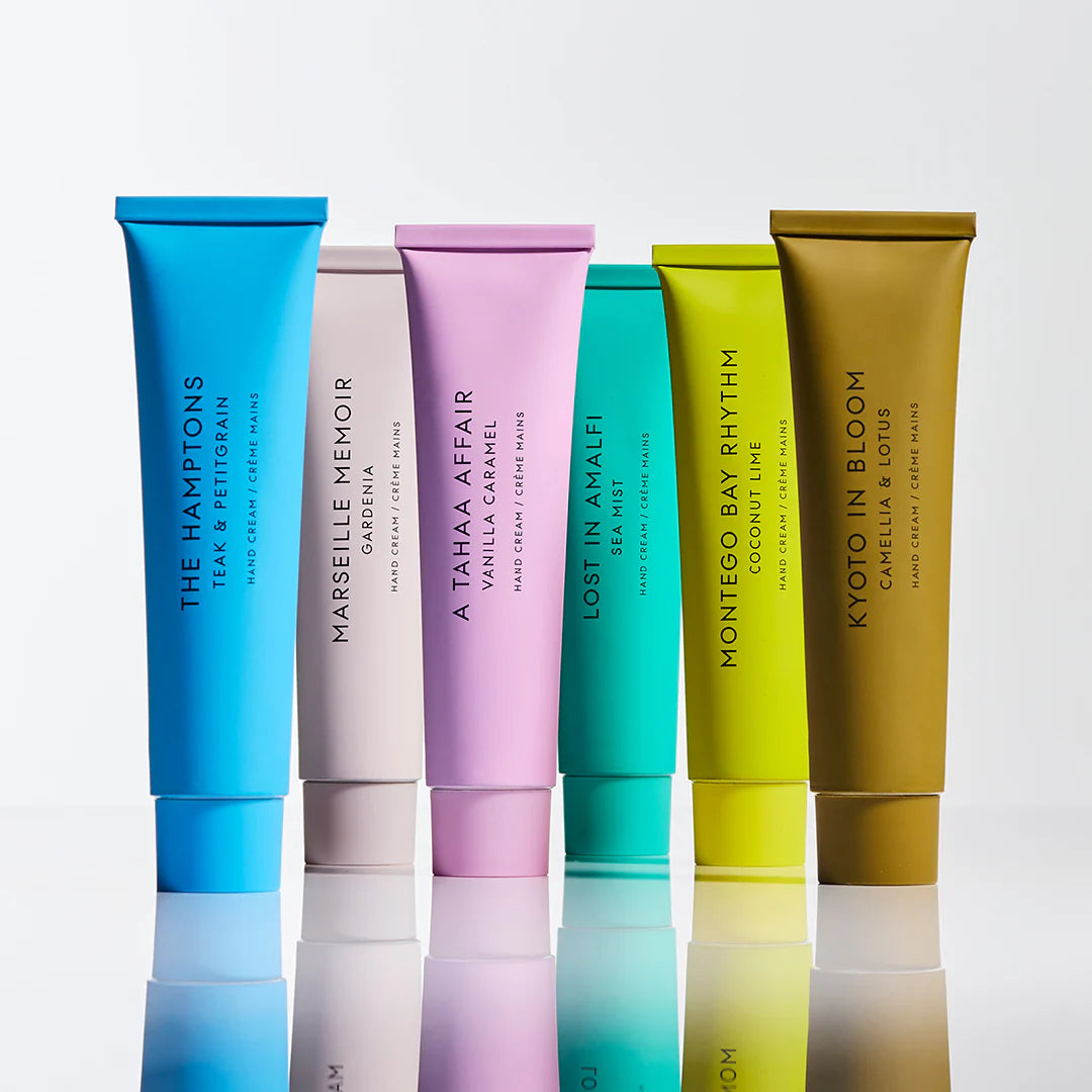 Glasshouse Fragrances A TAHAA AFFAIR Vanilla Caramel hand cream in a 75mL tube on a soft background.