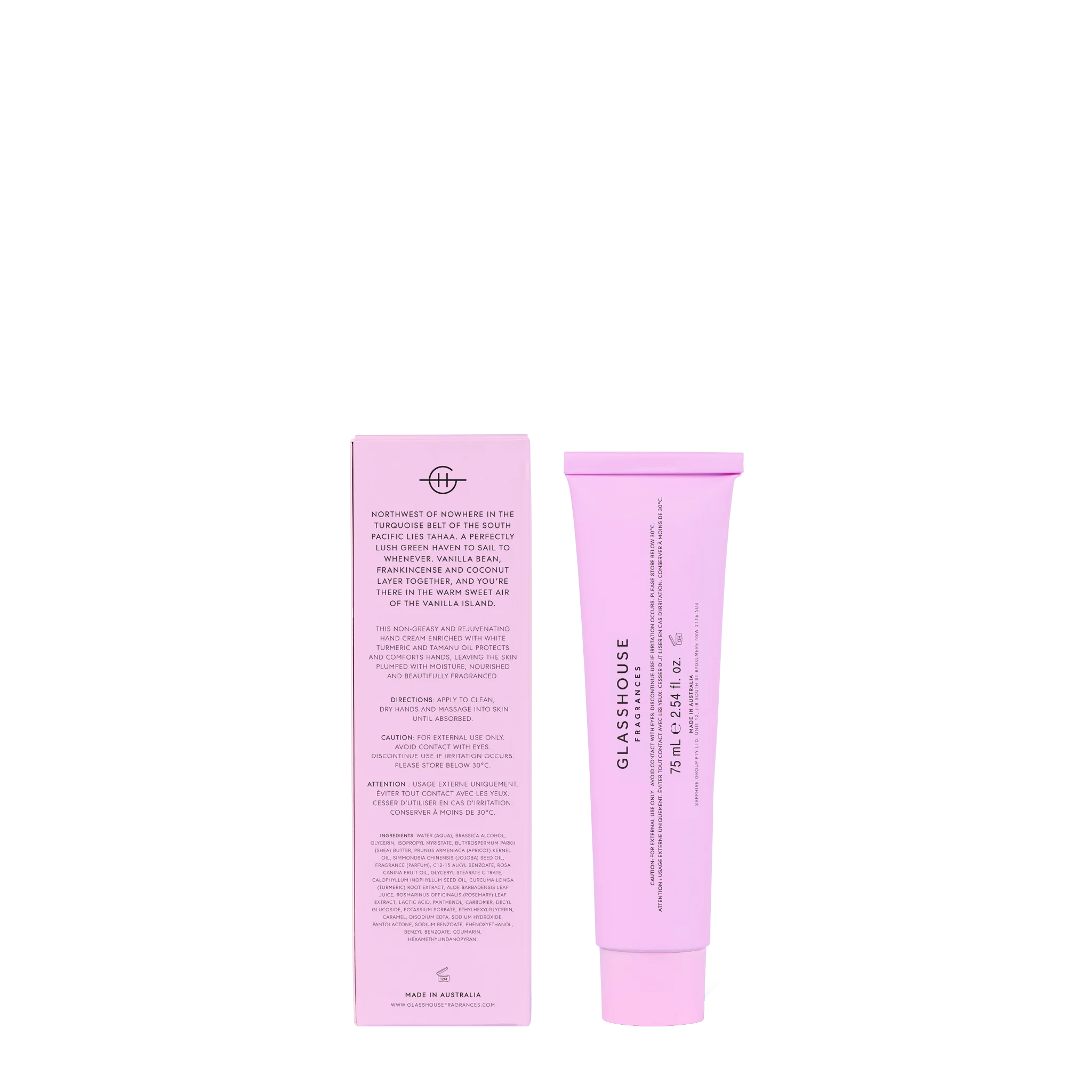 Glasshouse Fragrances TAHAA AFFAIR Vanilla Caramel 75mL hand cream tube with a sleek design and subtle branding.