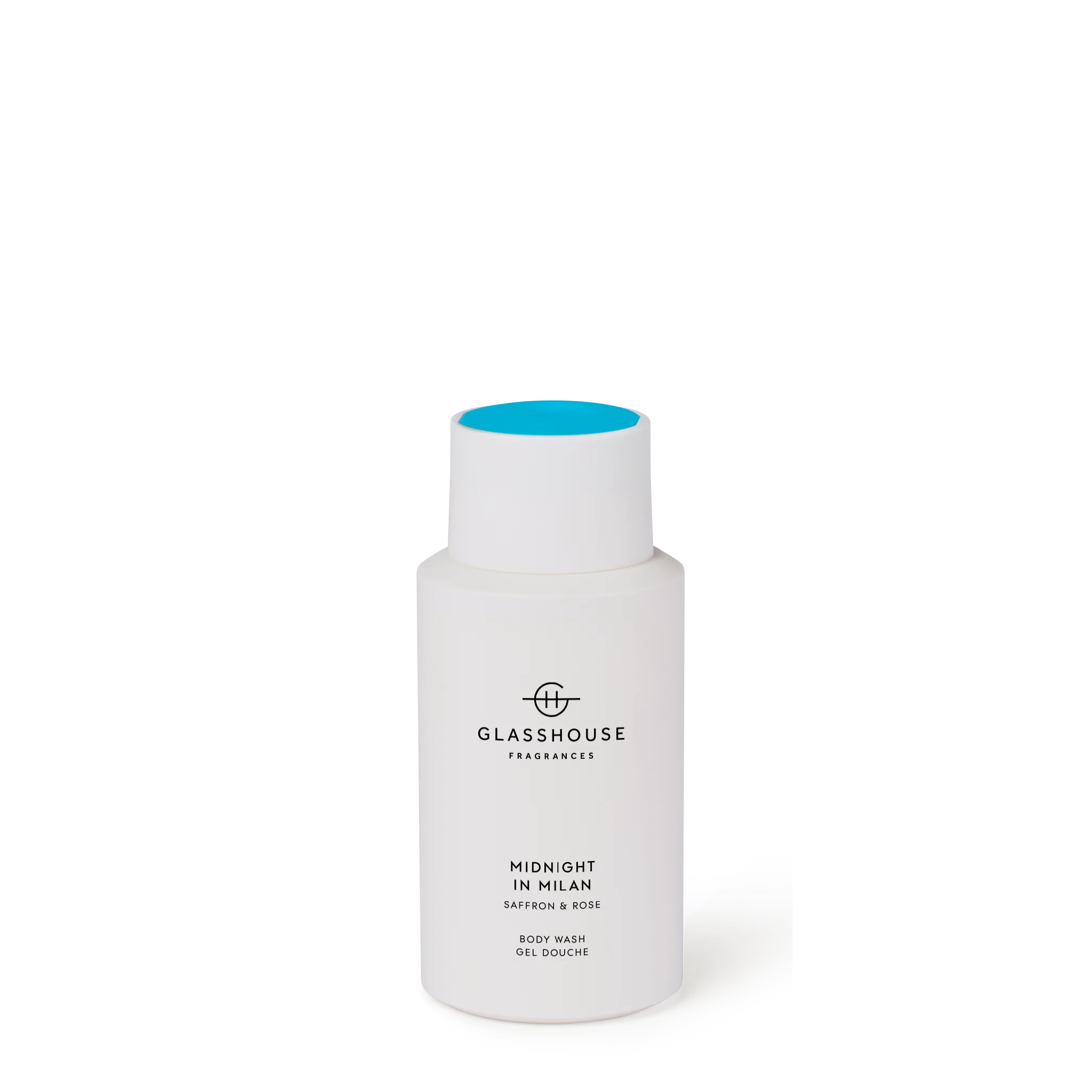 Glasshouse Fragrances Midnight in Milan body wash with saffron and rose in a 300mL bottle on a neutral background.