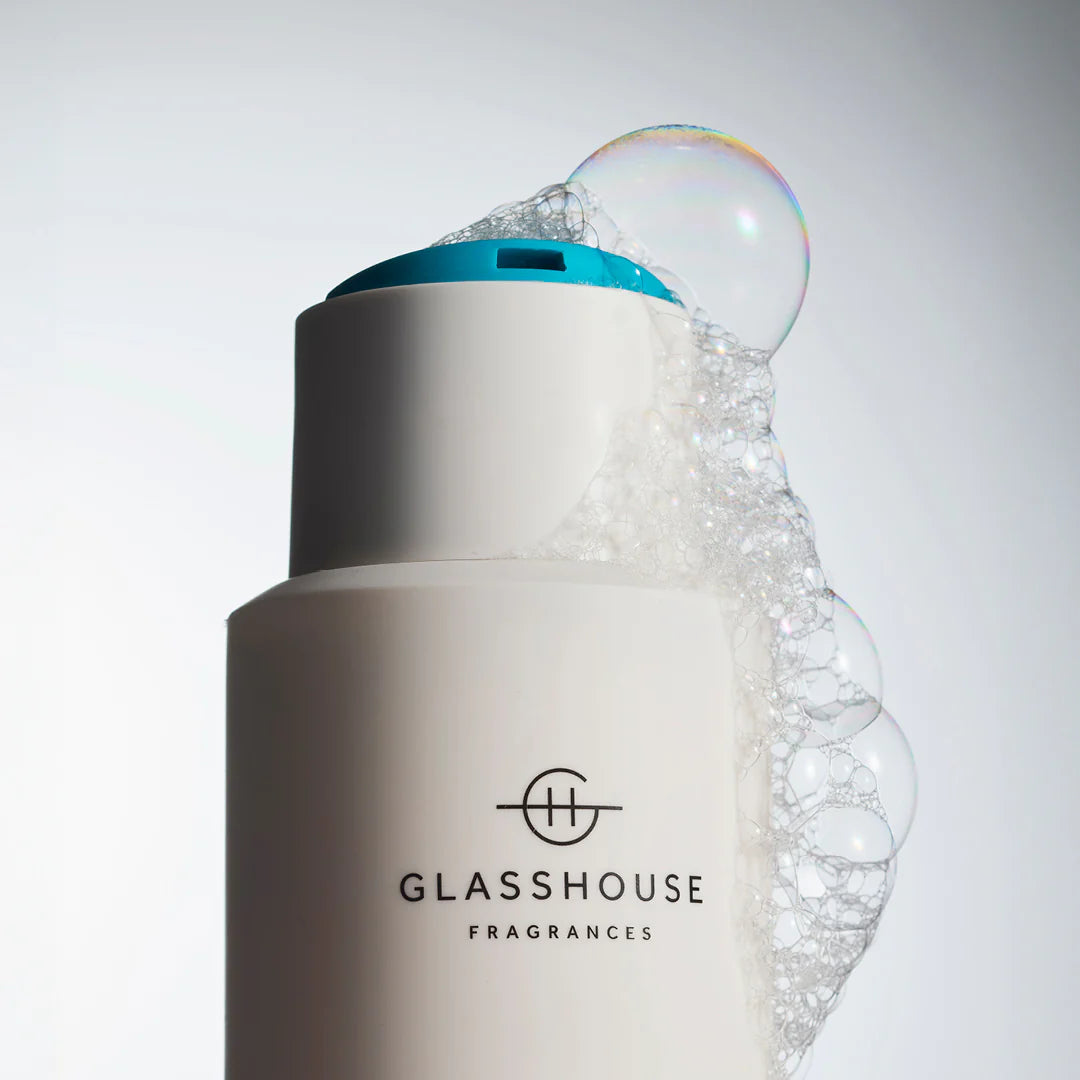 Glasshouse Fragrances Midnight in Milan body wash bottle with saffron and rose design, 300mL, on a clean background.