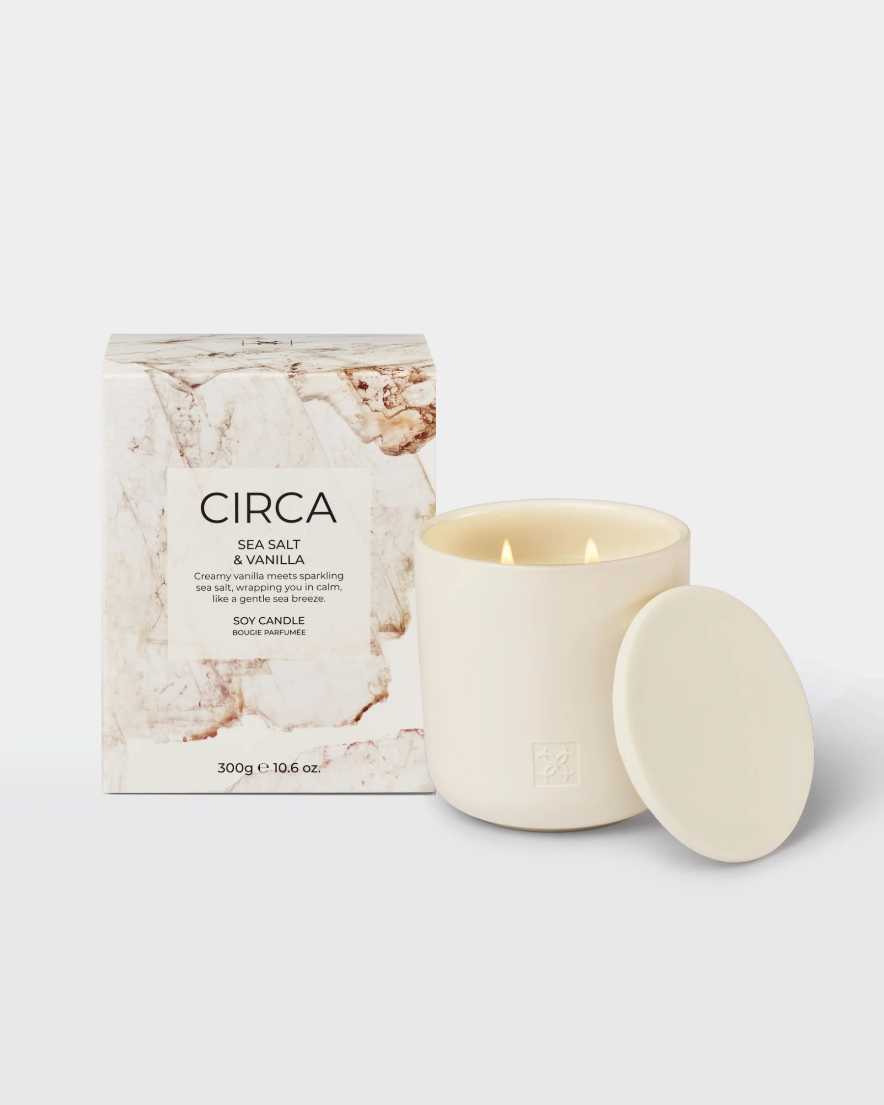 Sea salt and vanilla soy candle by Circa, 300g, with a white wax candle in a glass jar and minimalist design.