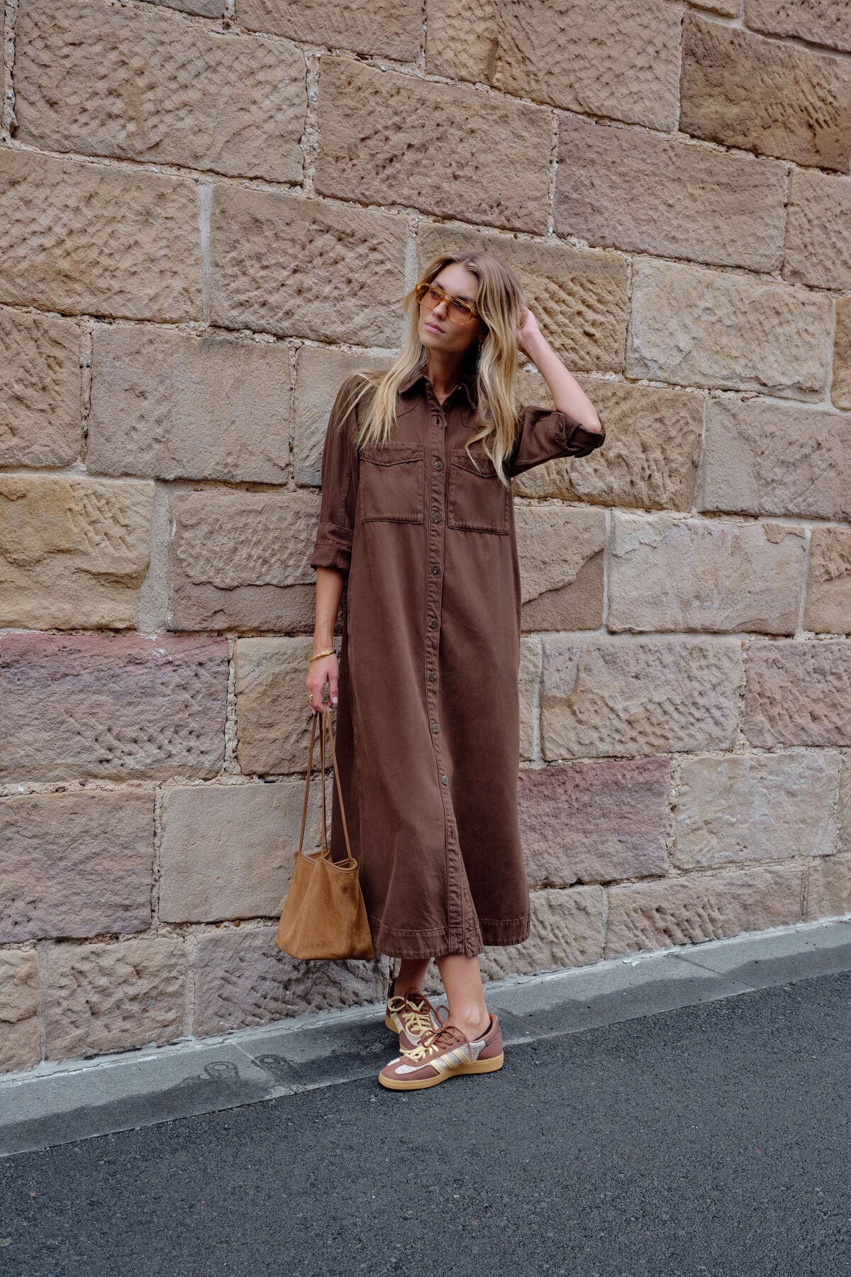 Ceres Life Rae long sleeve midi dress in chocolate color, fitted style with a modern silhouette and elegant design.