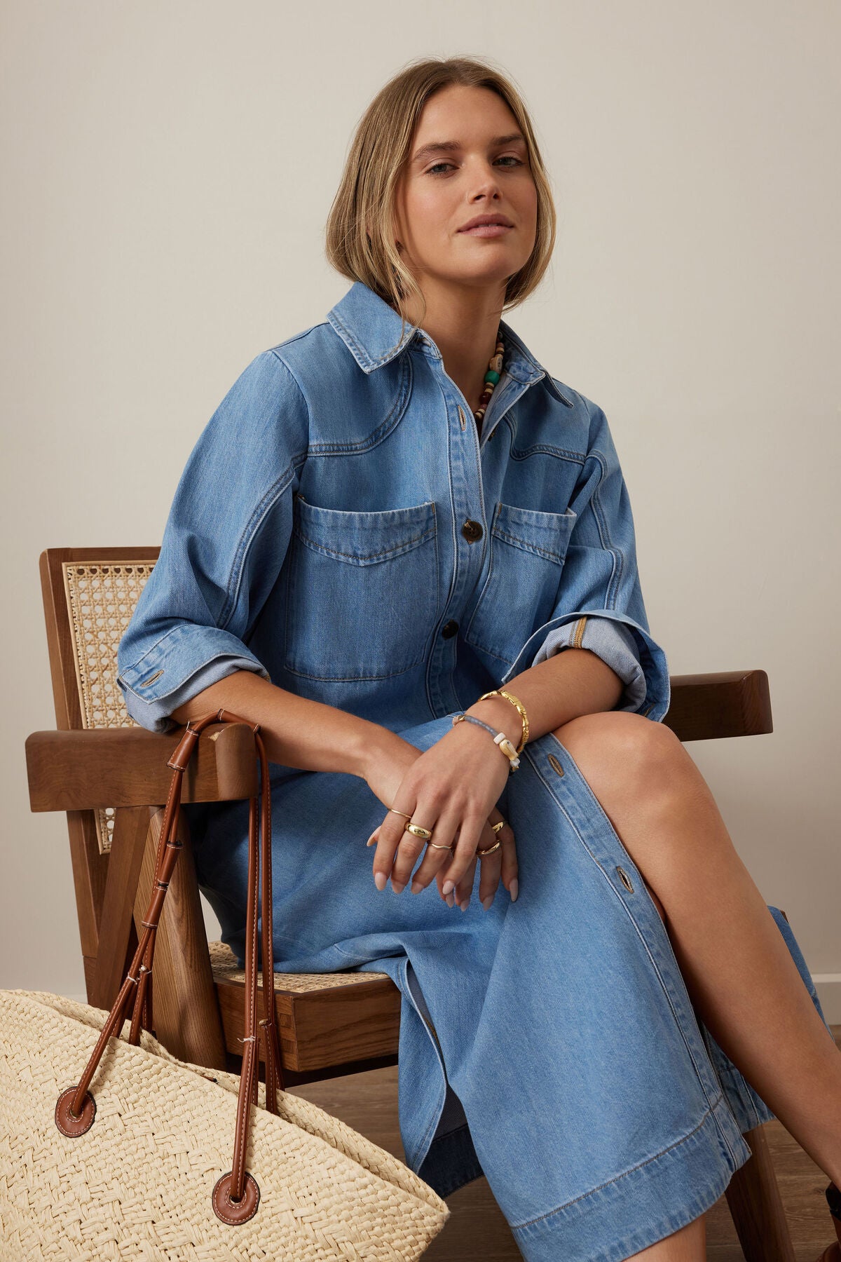 Ceres Life Rae Long Sleeve Midi Dress in new vintage blue, featuring a flowing silhouette and elegant sleeves.