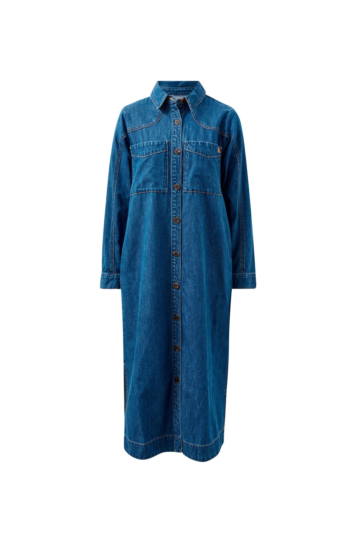 Ceres Life Rae long sleeve midi dress in fresh indigo fabric, featuring a fitted waist and flowing skirt, styled for casual or dressy occasions.