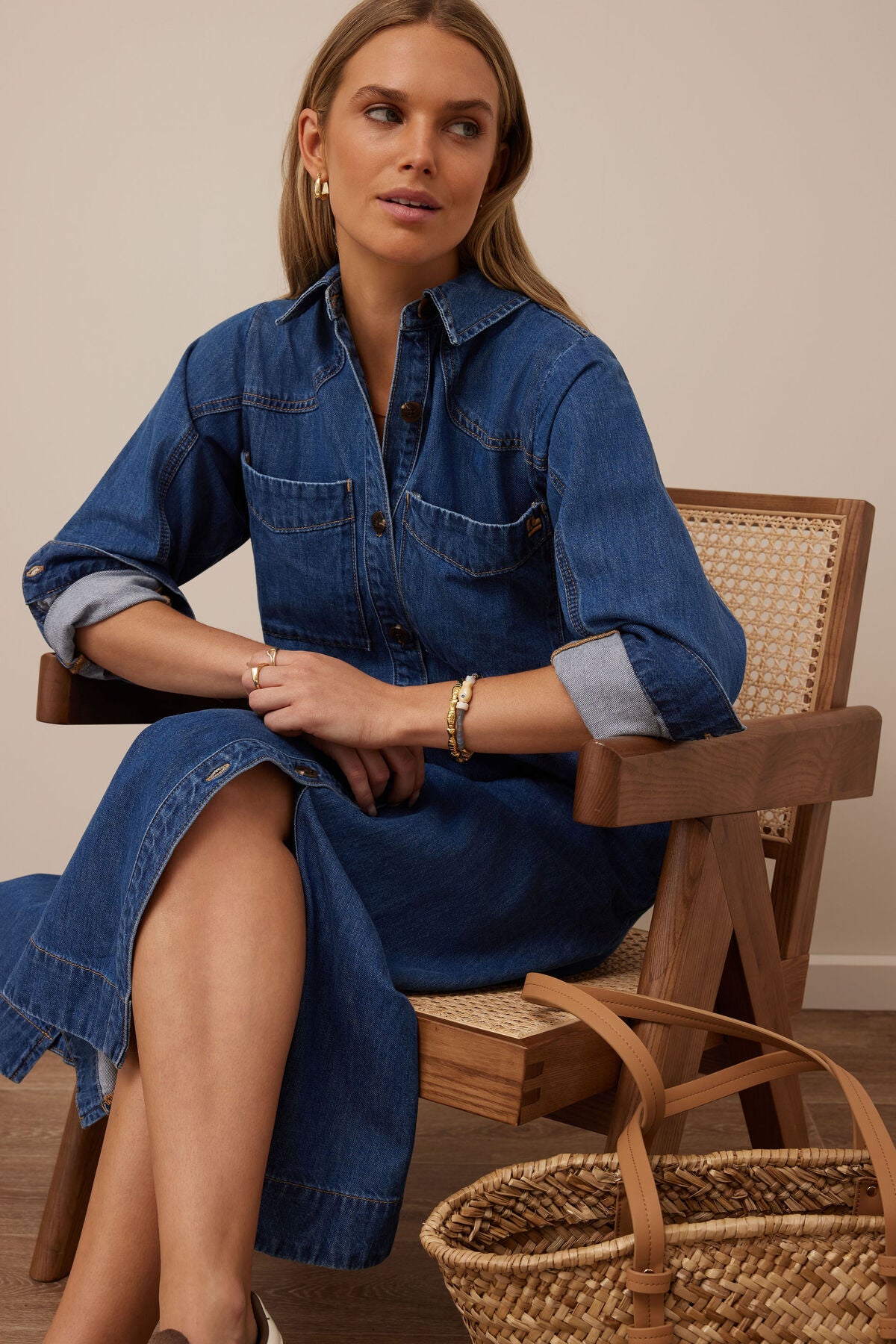 Ceres Life Rae long sleeve midi dress in fresh indigo fabric, featuring a fitted bodice and flowing skirt, perfect for casual wear.