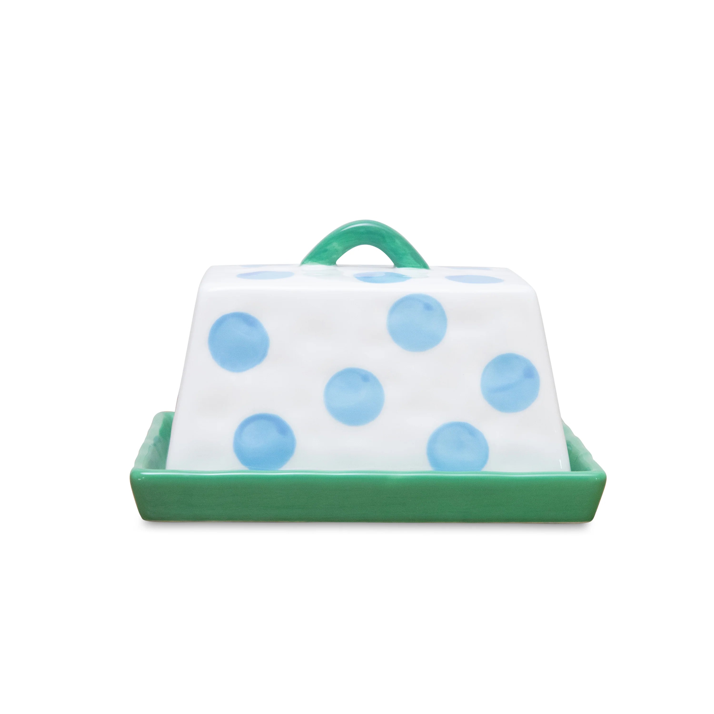 Large blue dotted butter dish with green handle and tray by Noss & Co, featuring a decorative ceramic design.