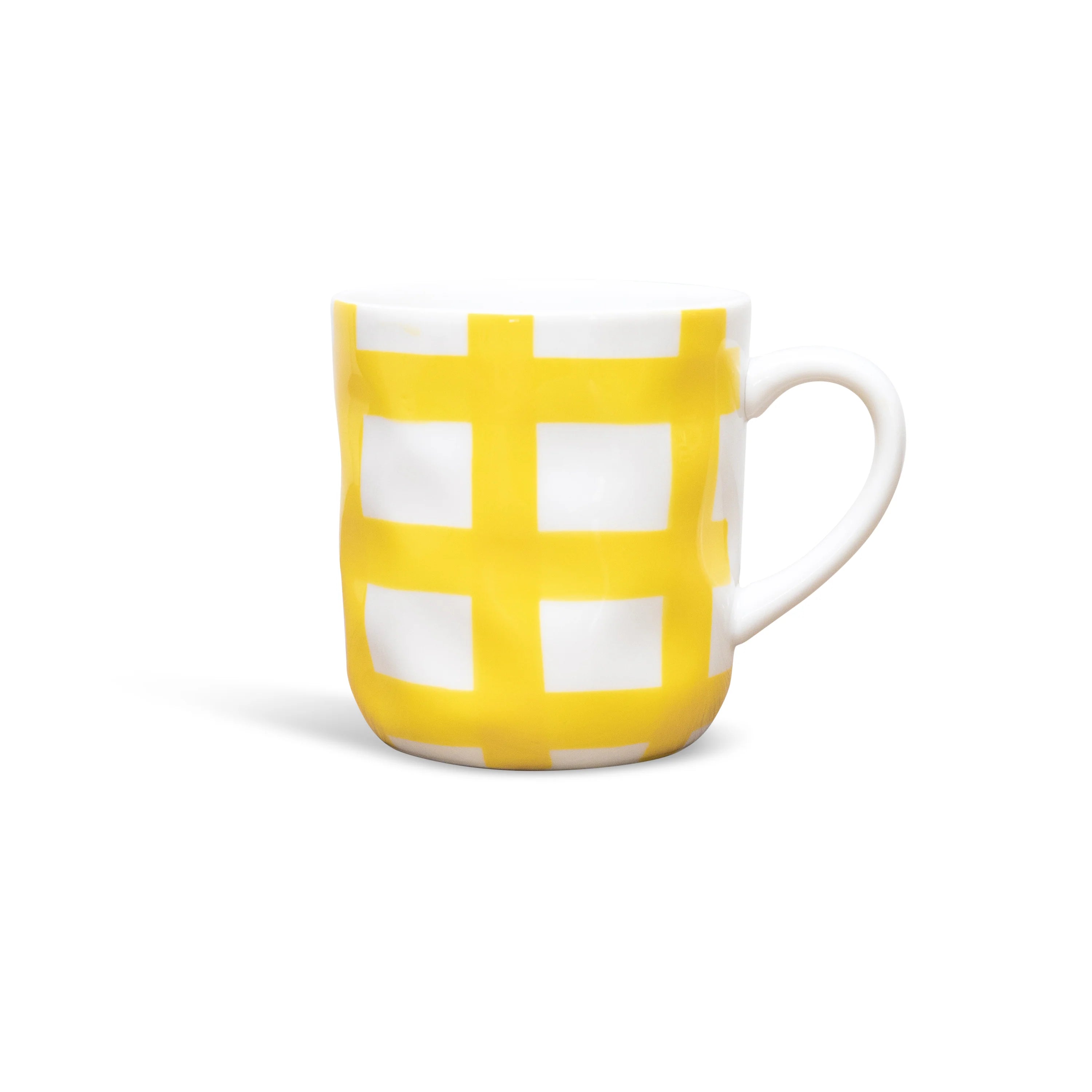 Yellow gingham ceramic mug by Noss & Co with a classic checkered pattern and a sturdy handle.