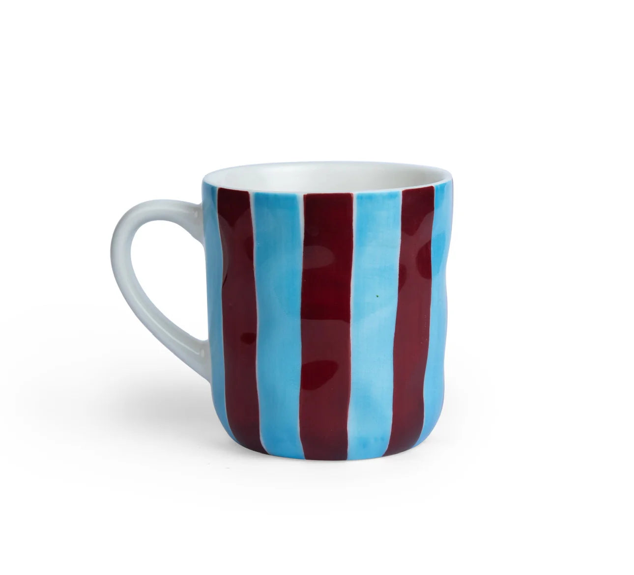 Cornflower blue and burgundy striped ceramic mug by Noss & Co, with a classic cylindrical shape and glossy finish.