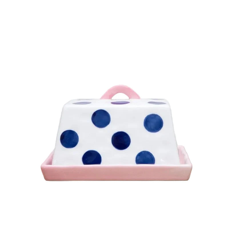 Large Butter Dish - Navy Dots with Pink Handle & Tray