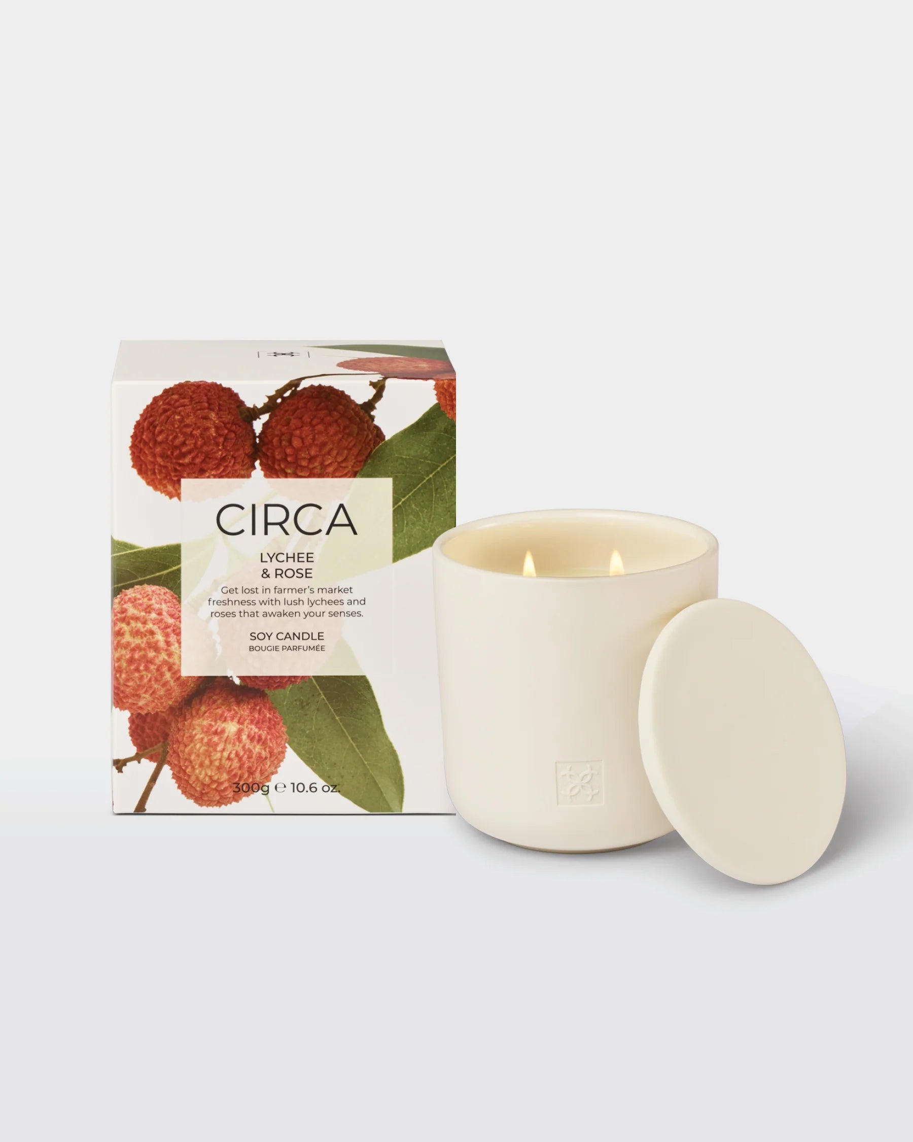 CIrca Lychee and Rose soy candle in a 300g jar, featuring a floral and fruity scent with a white wax finish and elegant label.