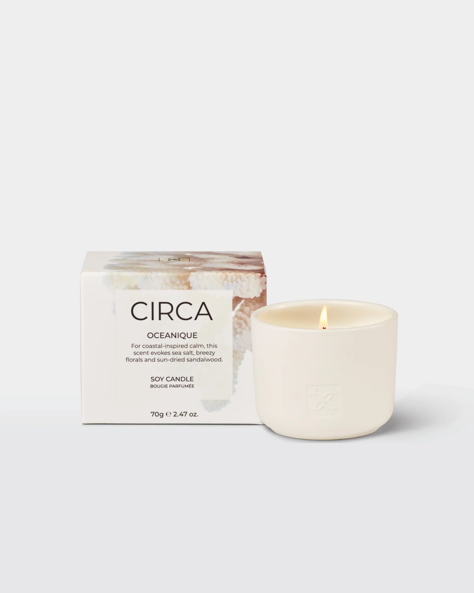 CIrca OCEANIQUE Soy Candle 300g with a white ceramic holder, featuring a minimalist design and a calming ocean-inspired scent.