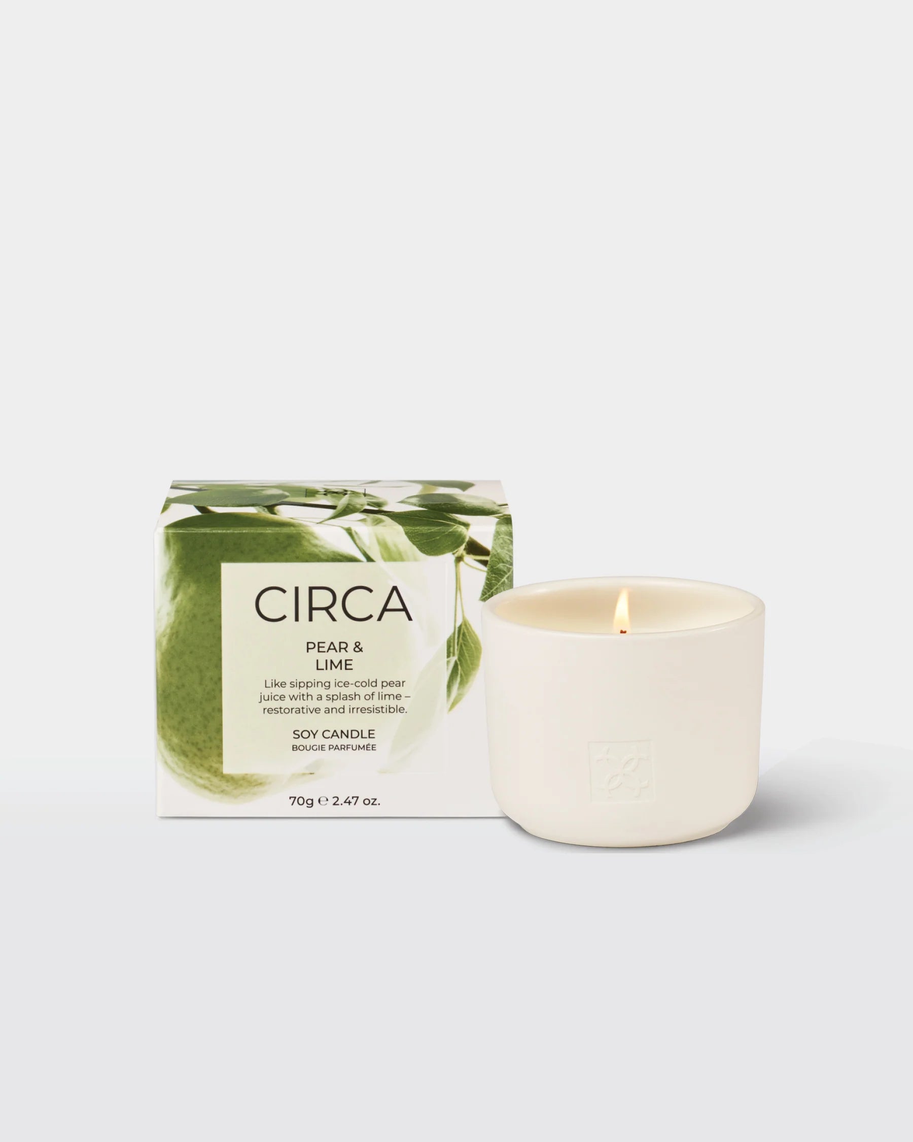 Decorative CIrca PEAR & LIME soy candle in a 300g jar, featuring a white wax with a natural wick for ambient lighting.
