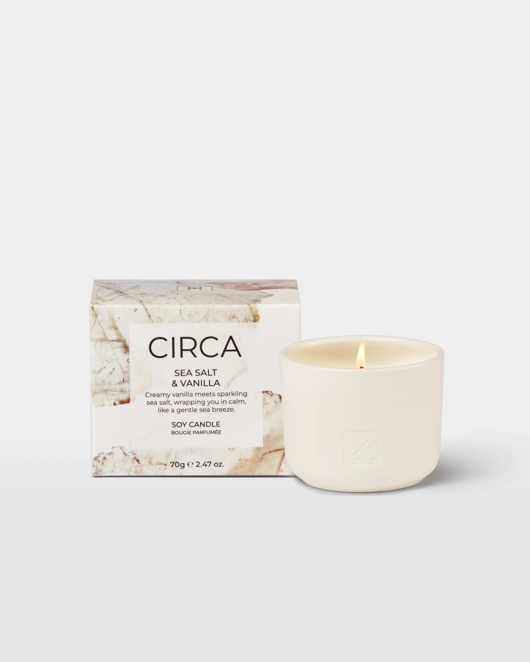 CIrca sea salt and vanilla soy candle in a 300g jar, showing the candle with a smooth, creamy surface and subtle vanilla scent.