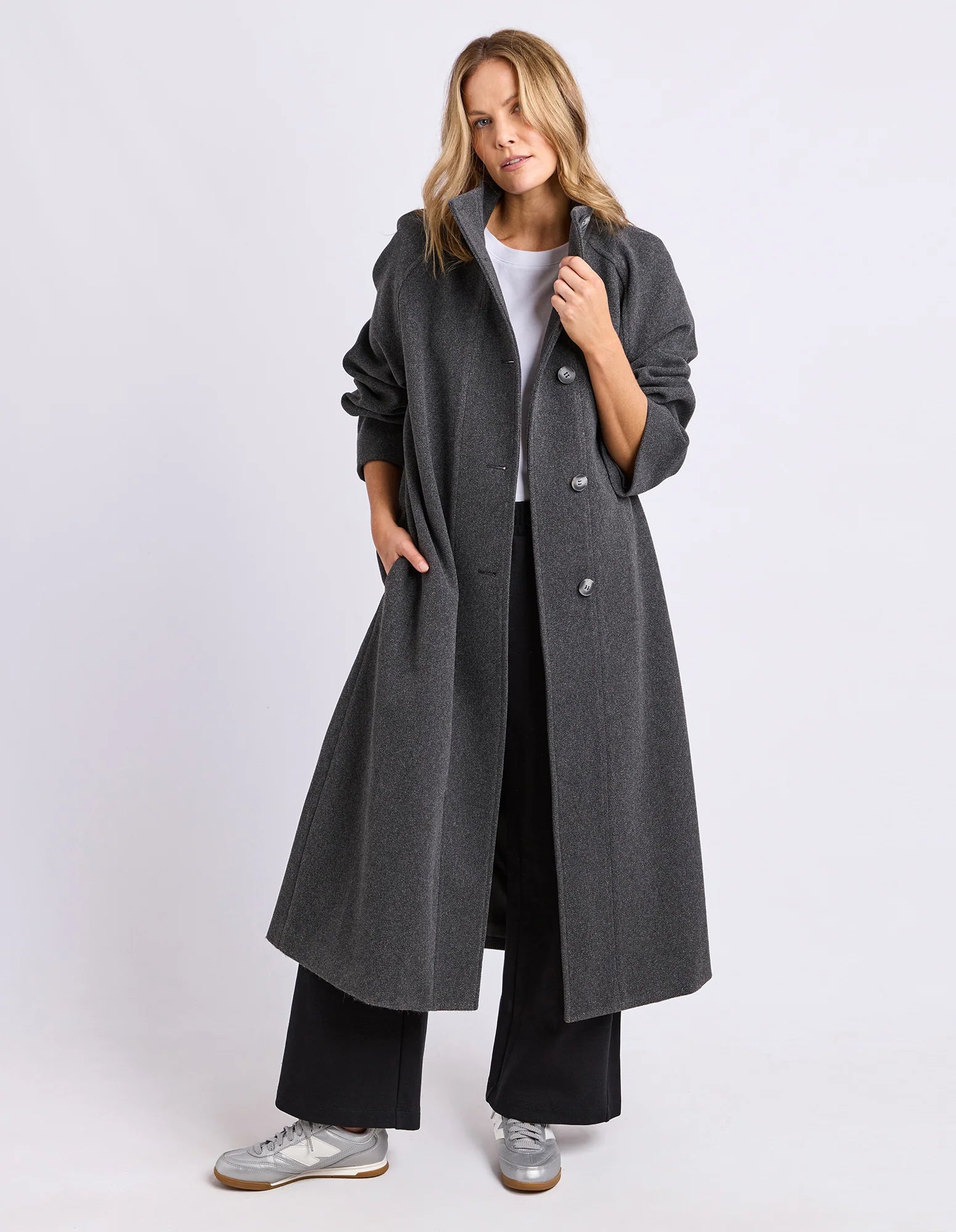 Foxwood Fermont Coat in charcoal, stylish winter coat with a classic design, shown on a model.