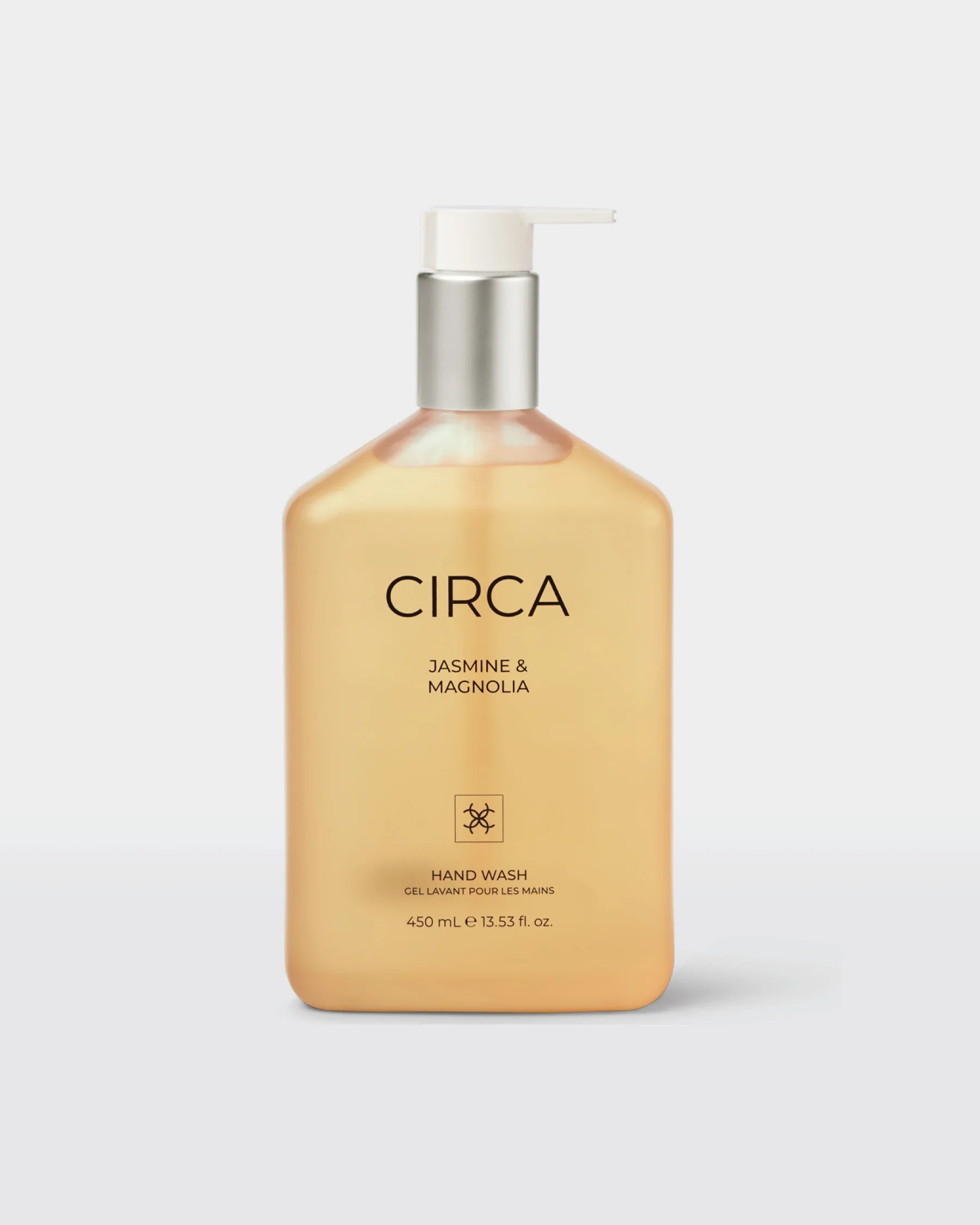 Circa Jasmine & Magnolia hand wash bottle with floral design, 450ml, showcasing elegant packaging and gentle cleansing formula.