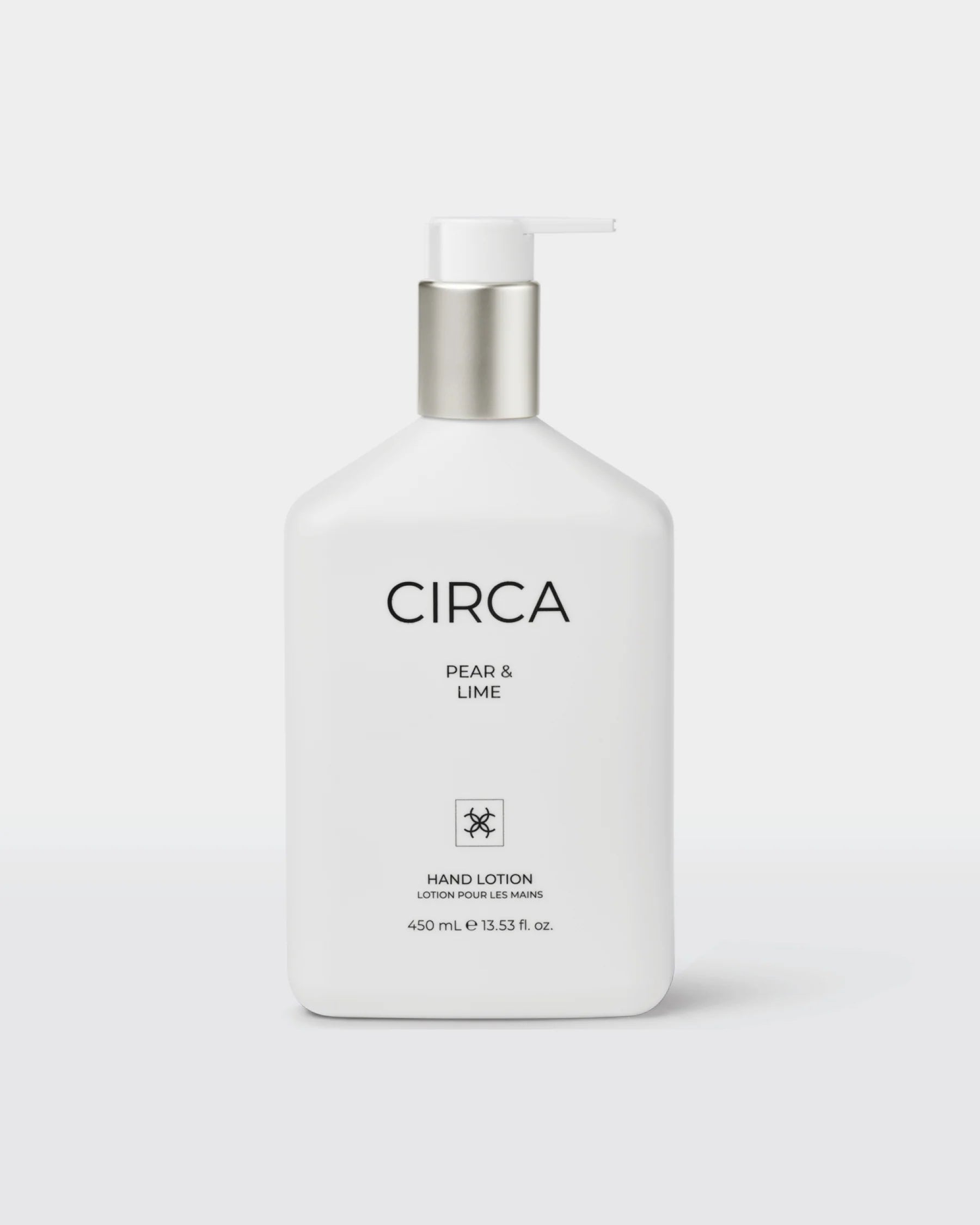 Circa Pear & Lime Hand Lotion 450ml bottle with pump dispenser, featuring fresh pear and lime scent on a white background.