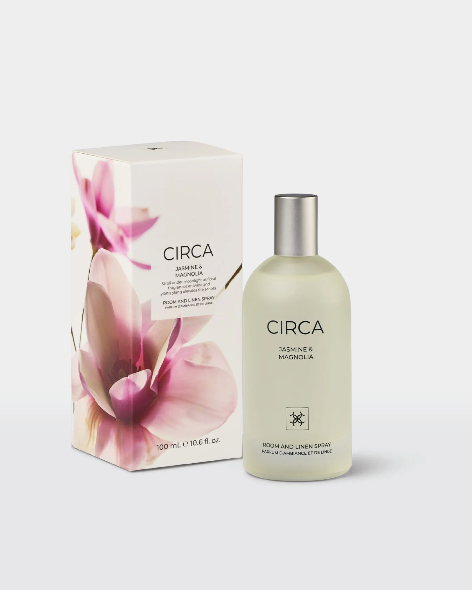 Circa Jasmine & Magnolia Room & Linen Spray 100ml bottle with elegant floral design, showcasing the scented spray for home use.