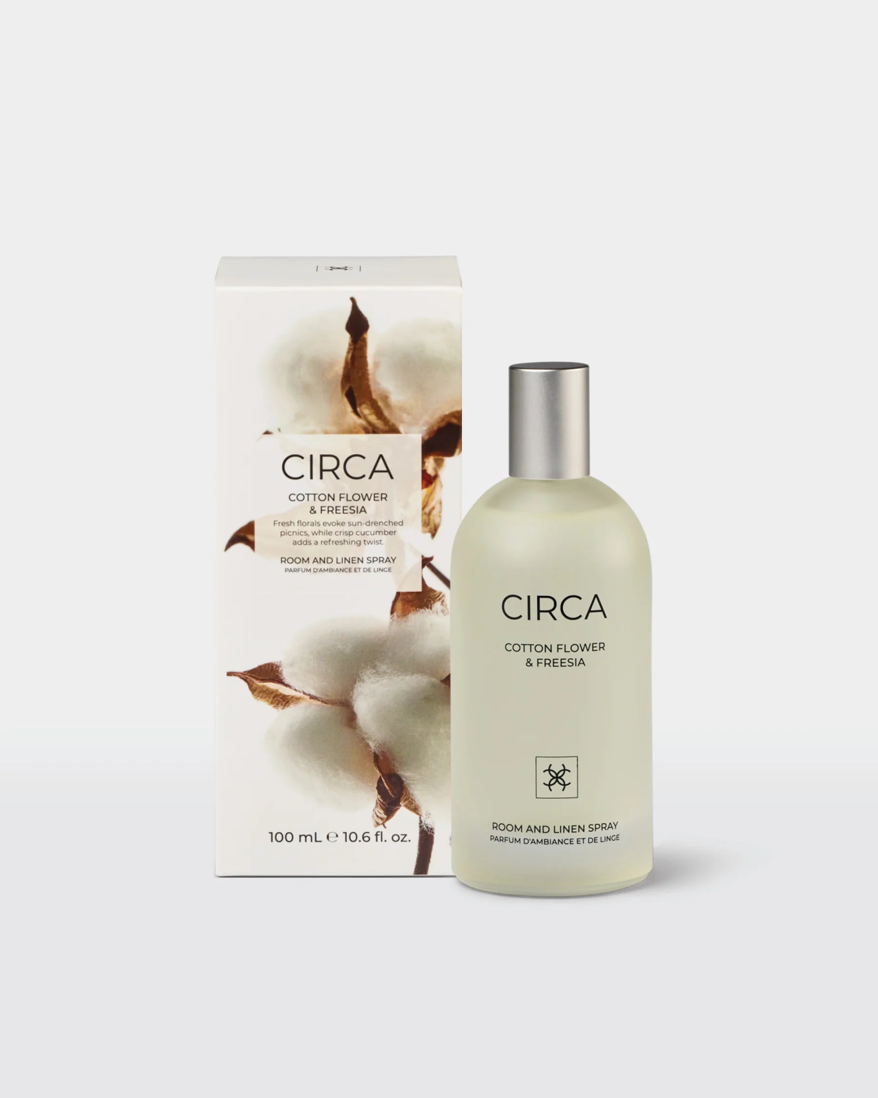 Cotton Flower and Freesia room and linen spray by Circa, 100ml, showing the spray bottle with floral design and label.