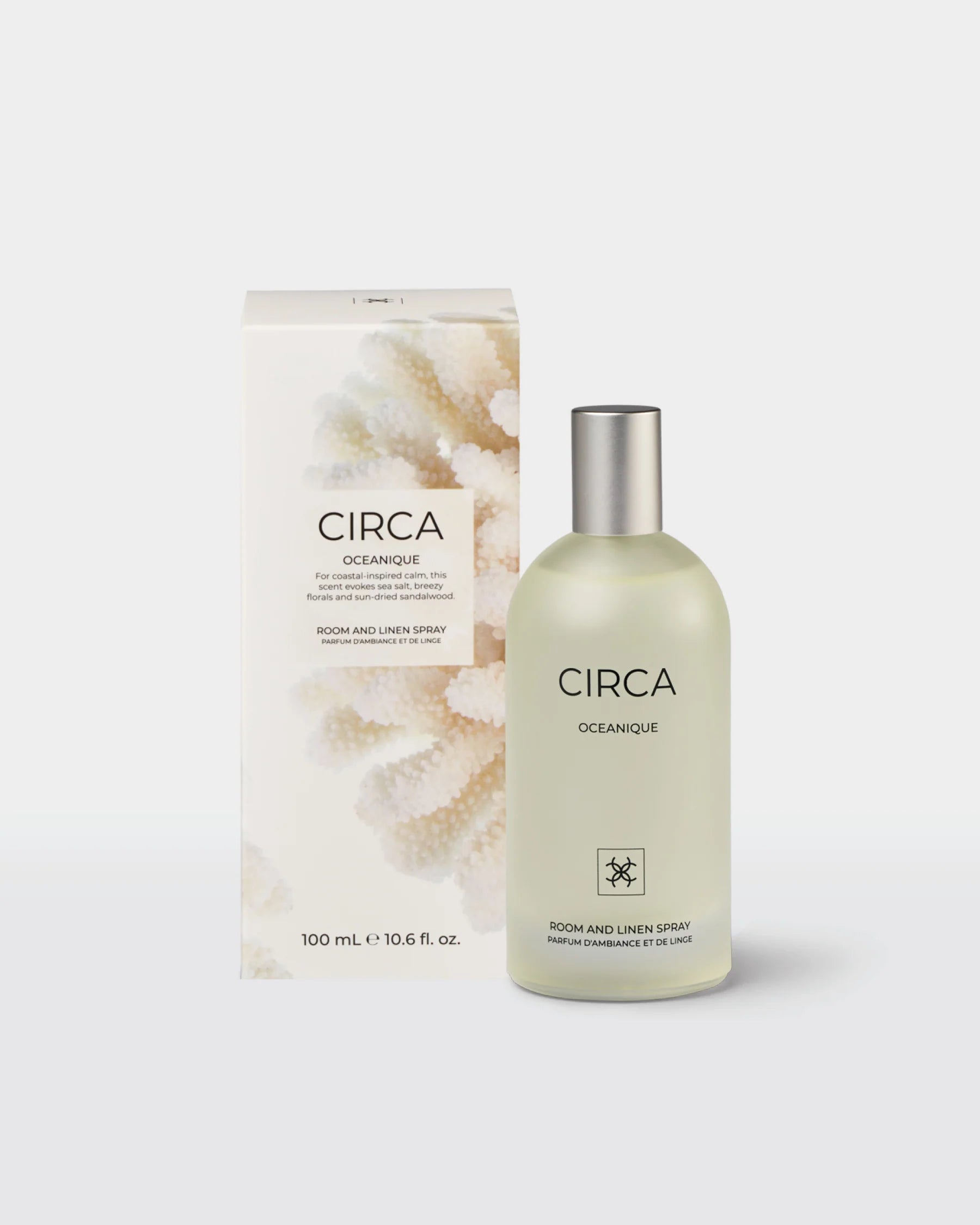 Circa Oceaniqué Room & Linen Spray 100ml bottle with a sleek design, ideal for freshening up rooms and linens.