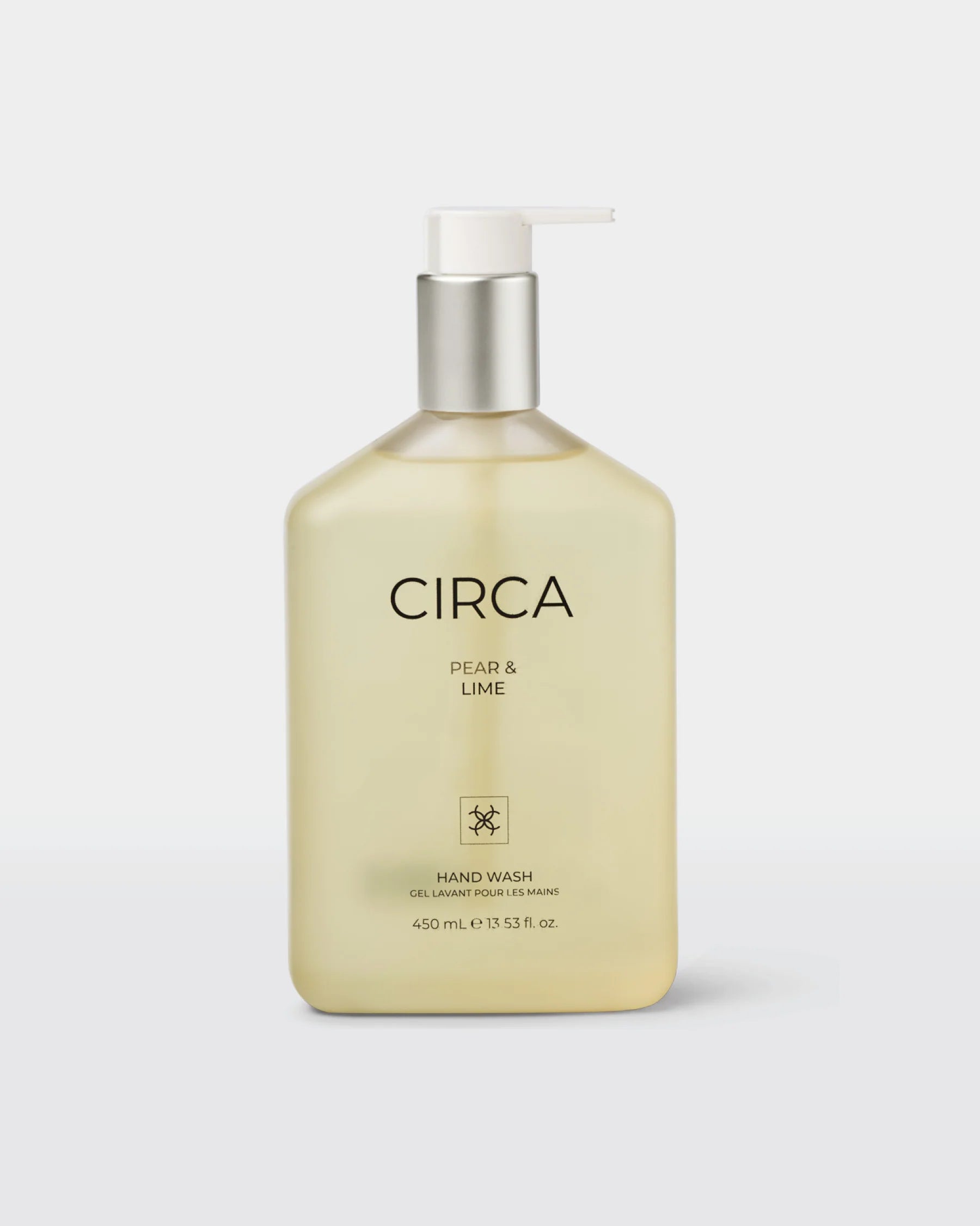 Circa Pear & Lime Hand Wash 450ml bottle with green and white label, showing fresh pear and lime illustrations.