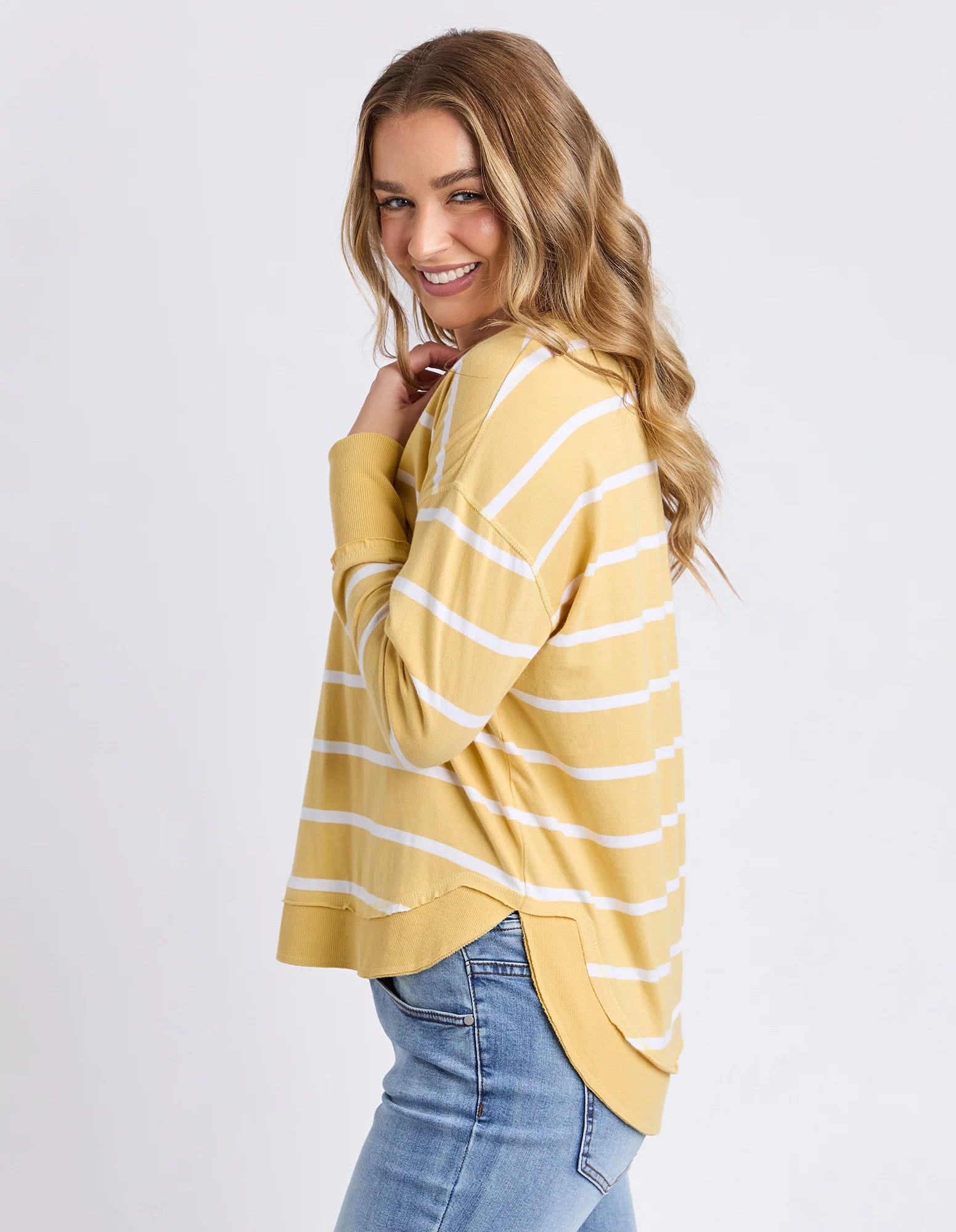 Foxwood Farrah Stripe Long Sleeve top in butter and white stripe, featuring a comfortable fit and stylish design.
