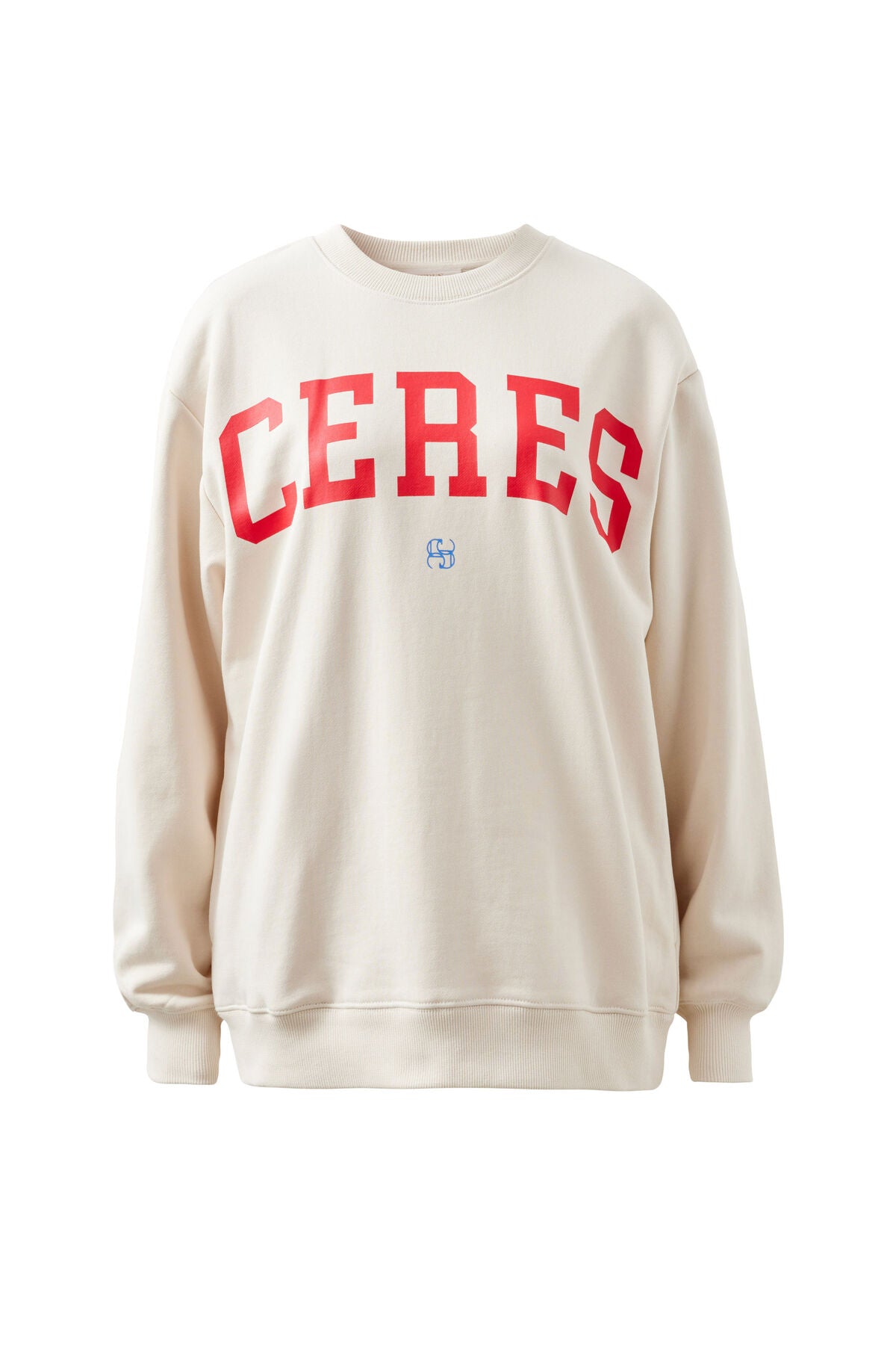 Ceres Life Isla oversized slouchy crew sweatshirt in buff fiery red with heritage logo, relaxed fit and casual style.
