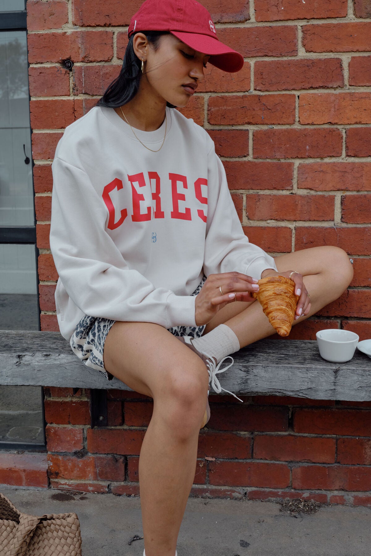 Ceres Life Isla oversized slouchy crewneck sweater in fiery red with heritage logo, casual and comfortable fit.