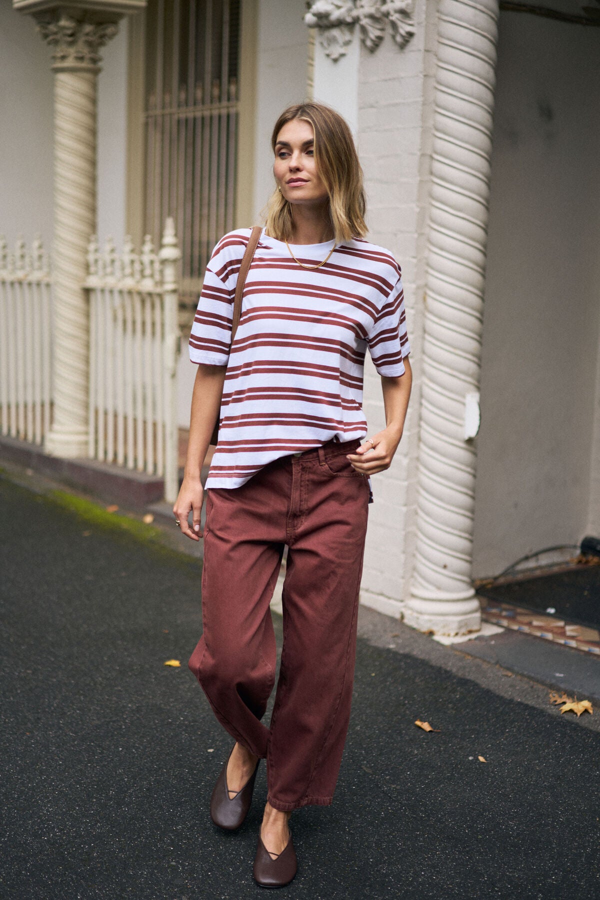 Ceres Life Stevie Slouchy Tee in white and burnt toffee stripe, casual fit with soft fabric and relaxed style.