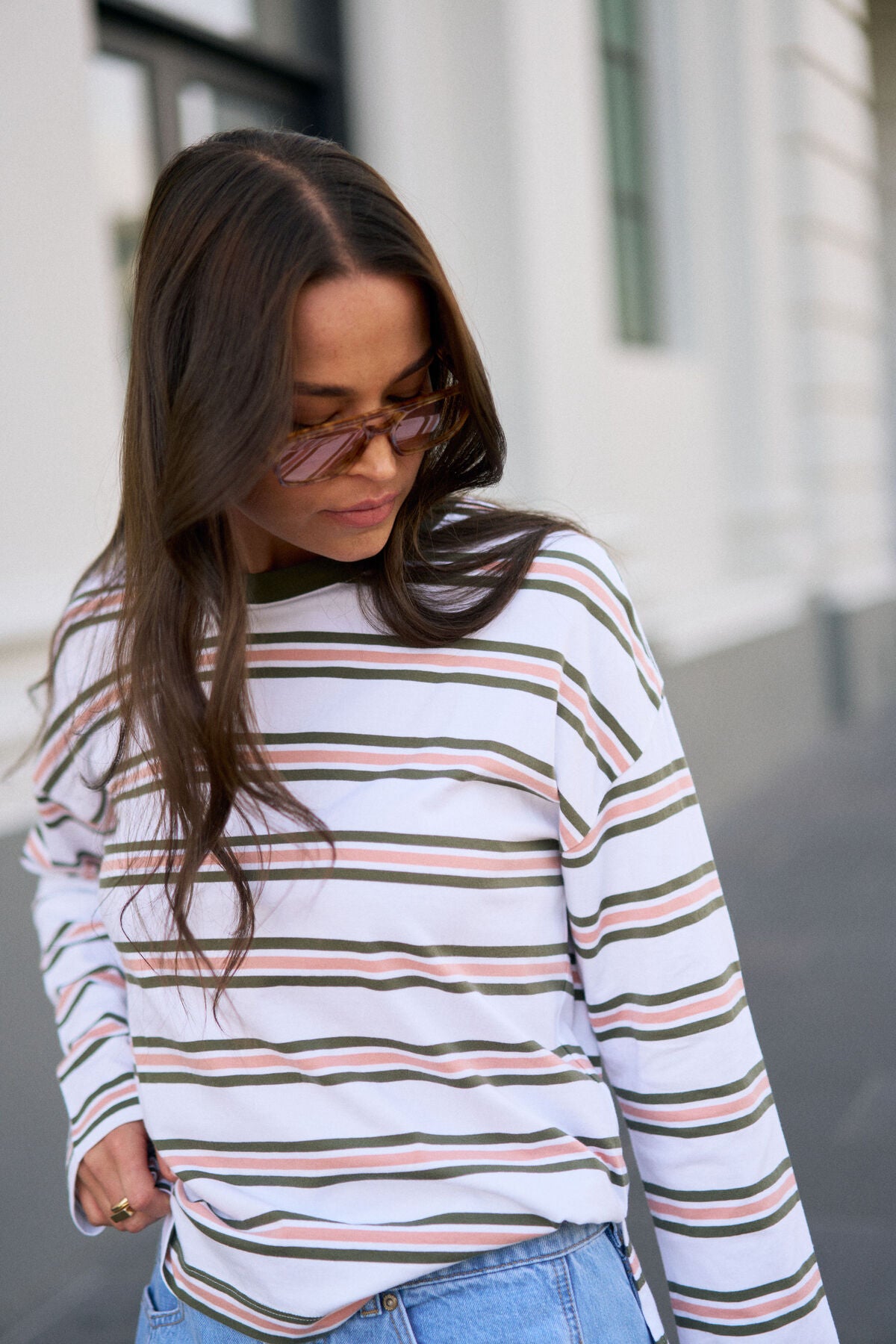 Ceres Life Scout slouchy long sleeve tee in washed olive stripe with white detailing, casual fit, soft fabric, and relaxed style.