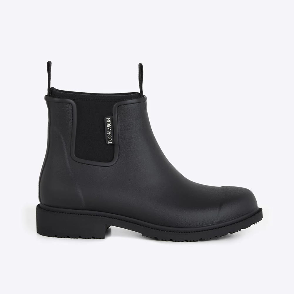 Black Bobbi ankle boot by Merry People with sleek design and smooth leather finish, shown on a plain background.