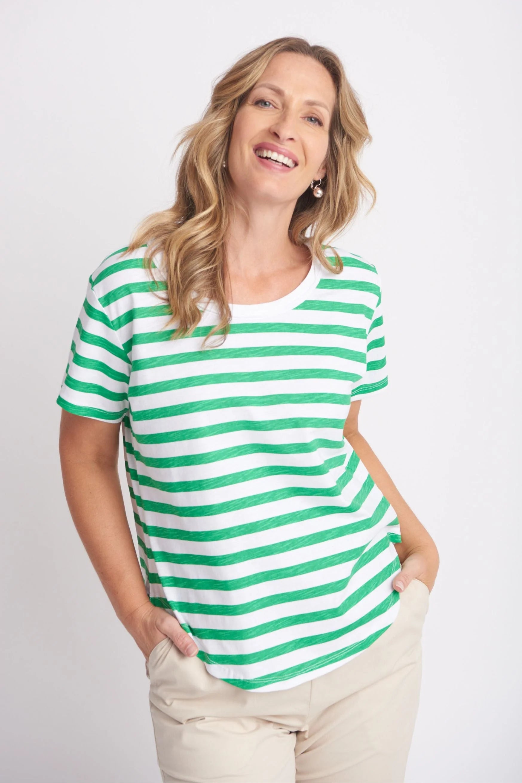 Cotton Slub Striped Crew Neck Tee - Kelly green/White