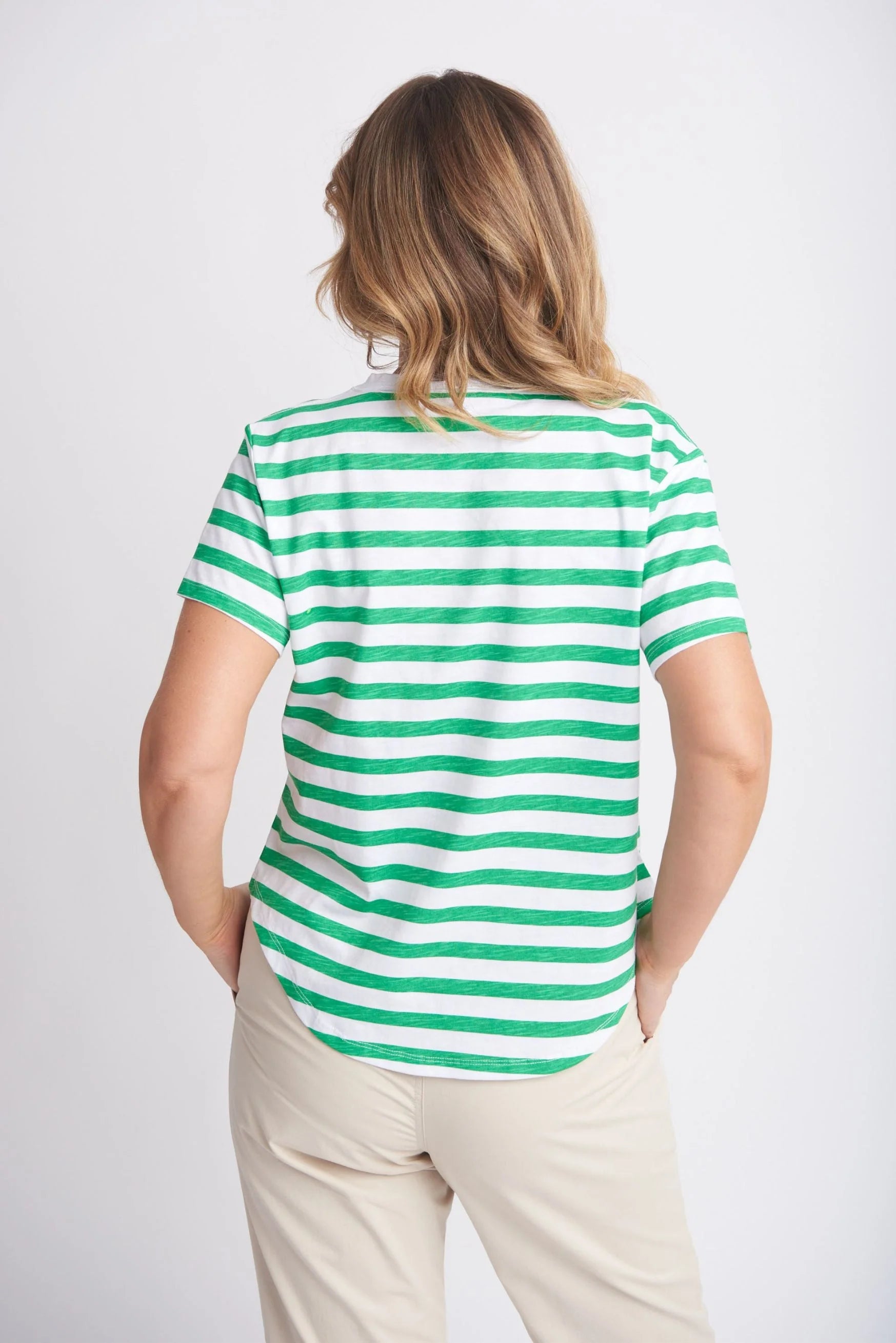 Cotton Slub Striped Crew Neck Tee - Kelly green/White