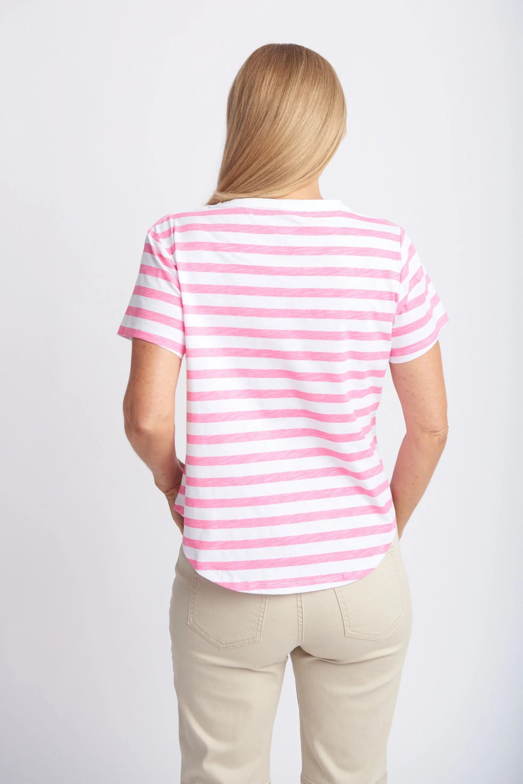 Cotton Slub Striped Crew Neck Tee Pink/White Size 16