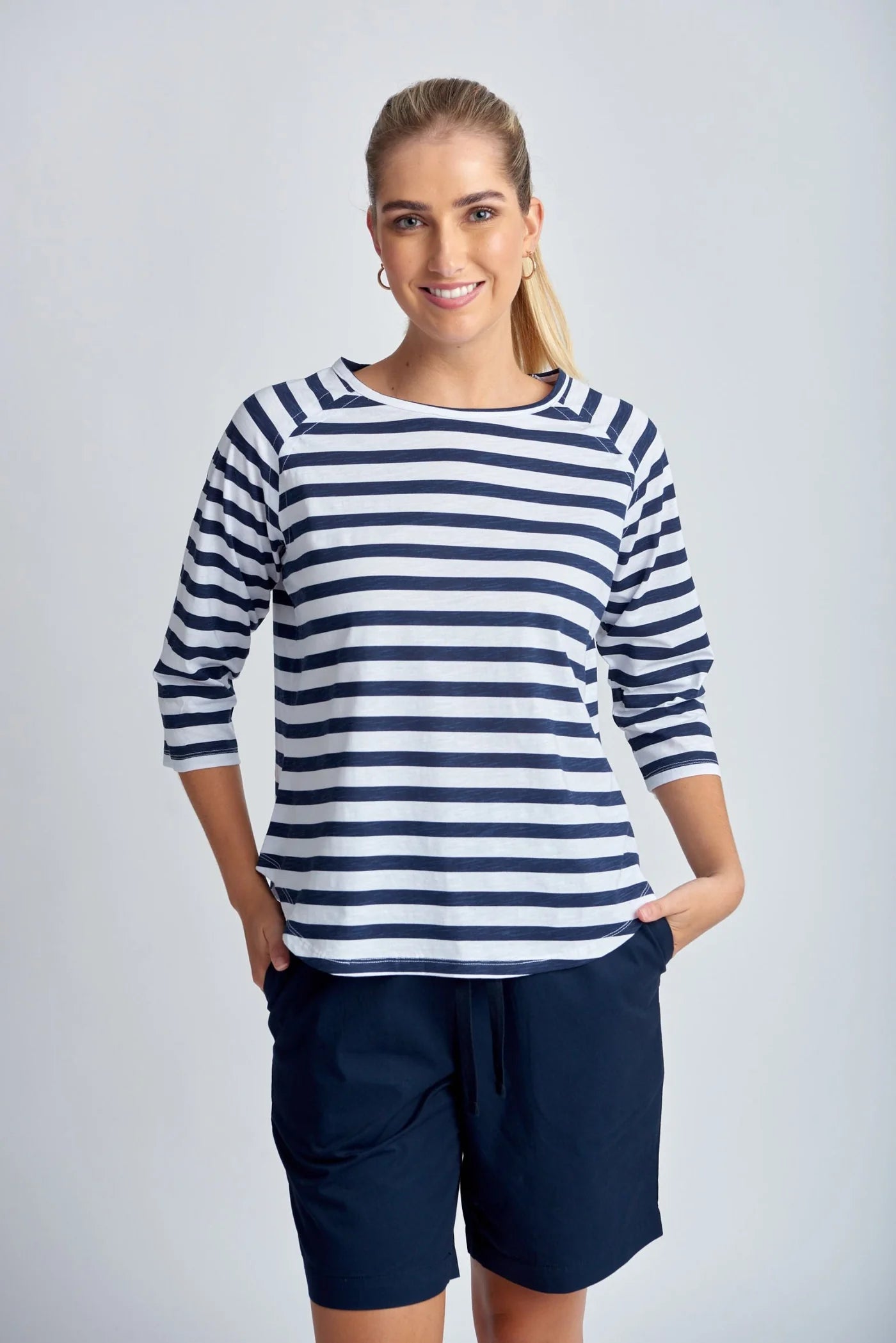 Cotton Raglan Sleeve Stripe Tee - navy/white