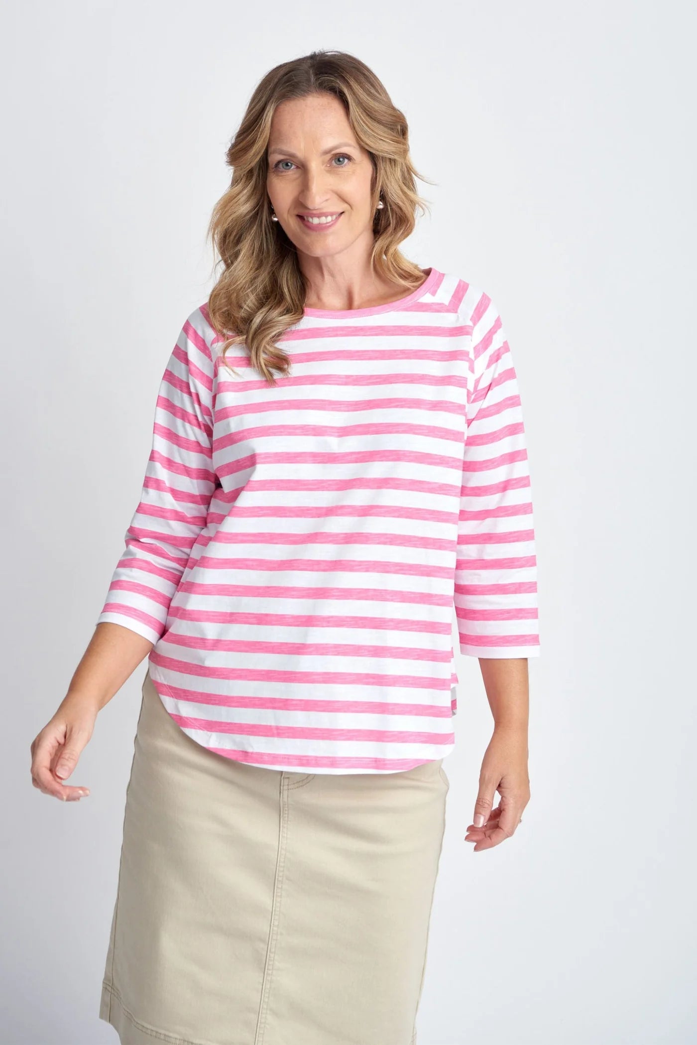 Cotton Raglan Sleeve Stripe Tee Pink/White