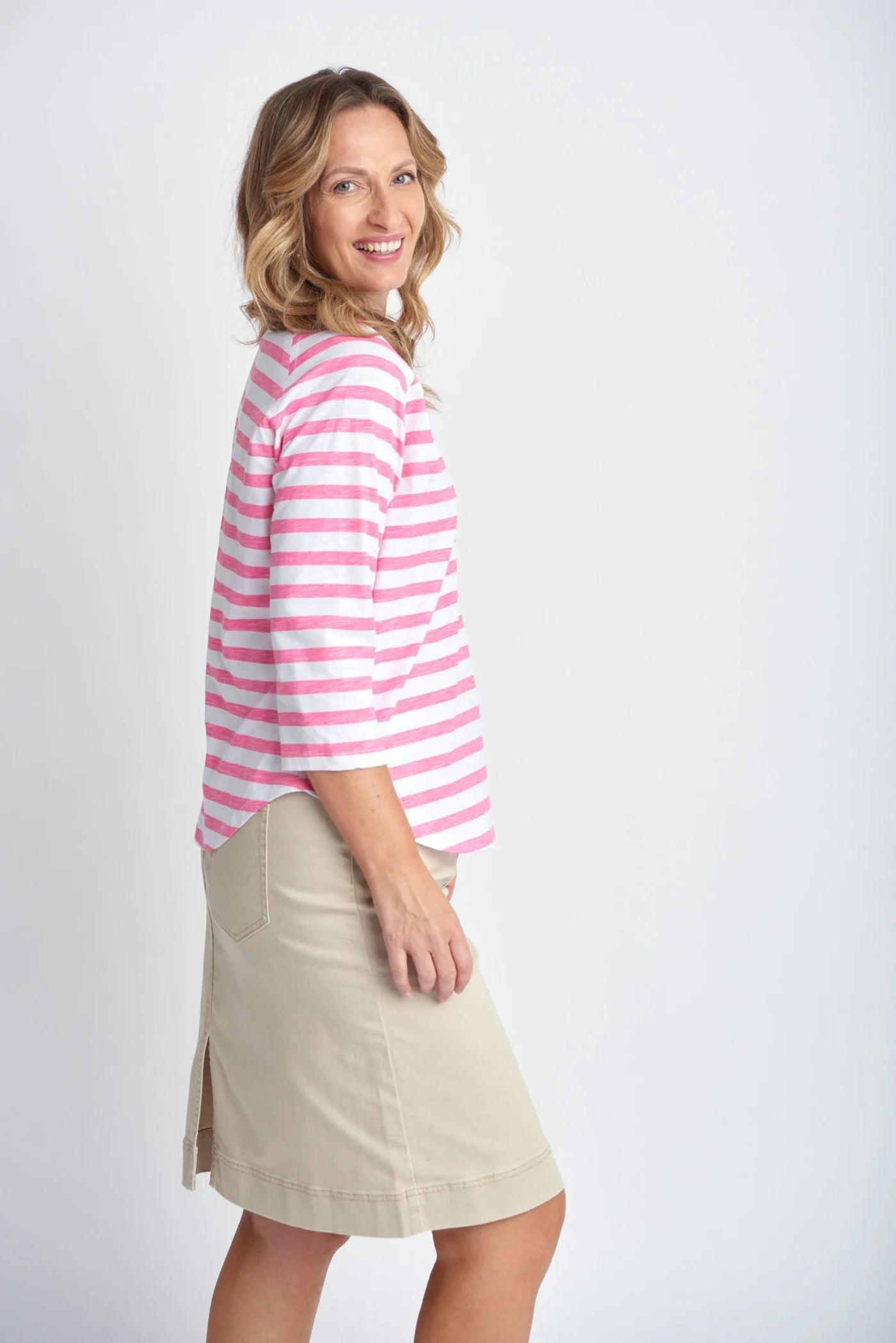 Cotton Raglan Sleeve Stripe Tee Pink/White