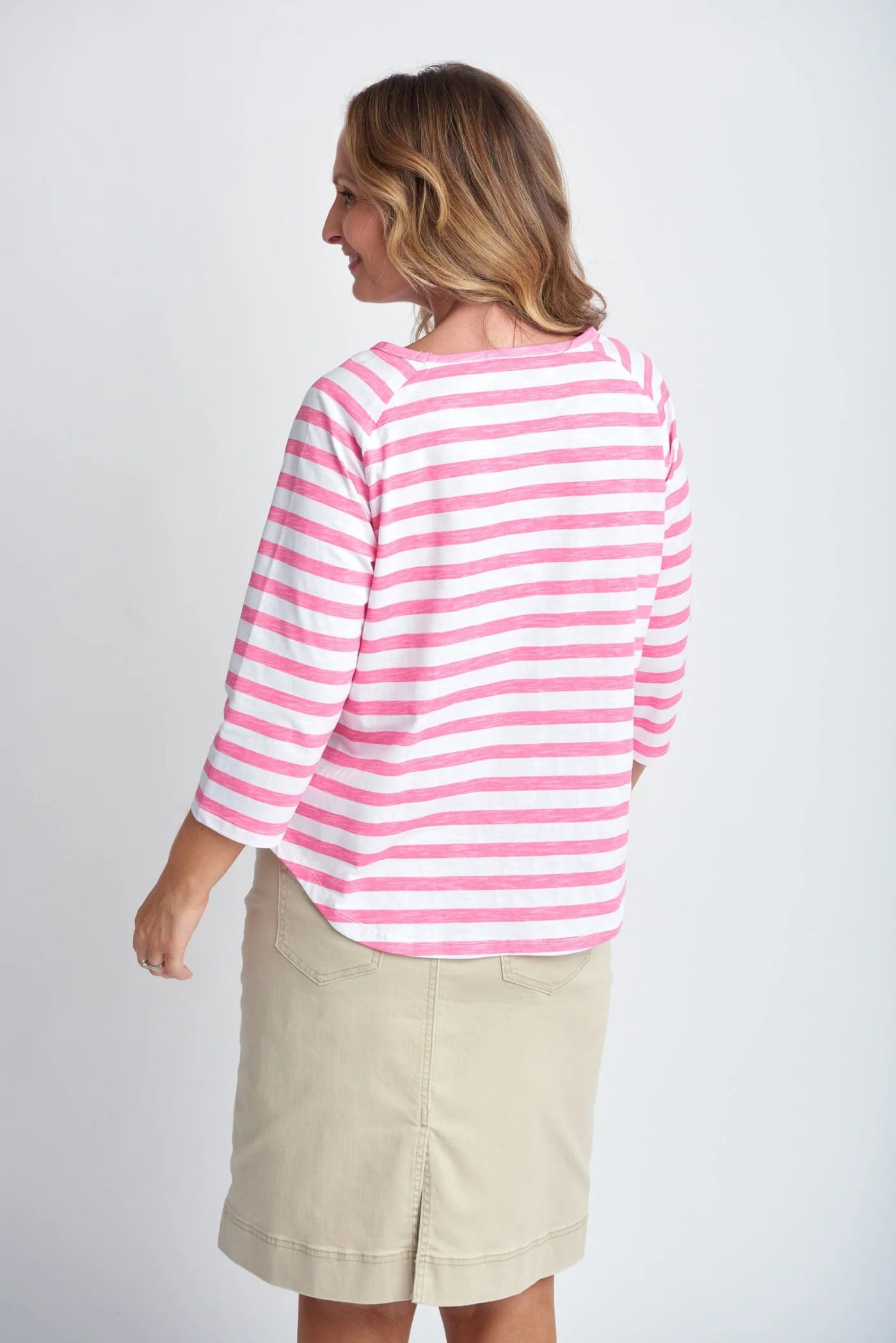 Cotton Raglan Sleeve Stripe Tee Pink/White