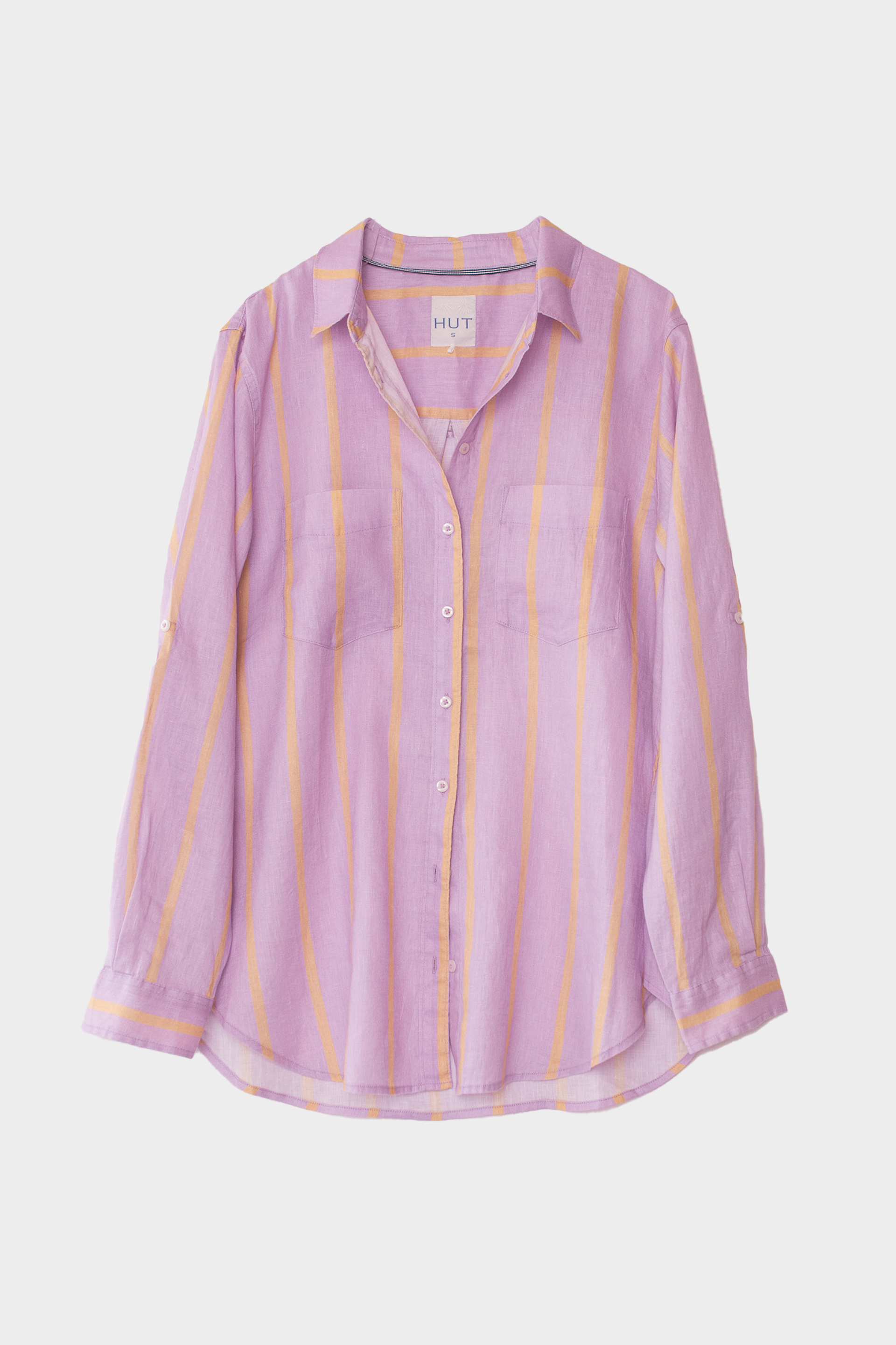 Mauve over beige boyfriend linen shirt by Hut Clothing laid flat, showcasing its relaxed fit and soft fabric texture.
