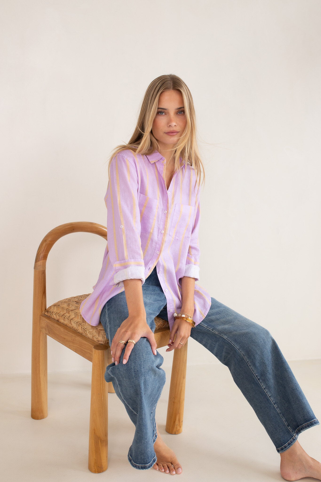 Mauve over beige linen boyfriend shirt by Hut Clothing, showing relaxed fit and lightweight fabric on a hanger.