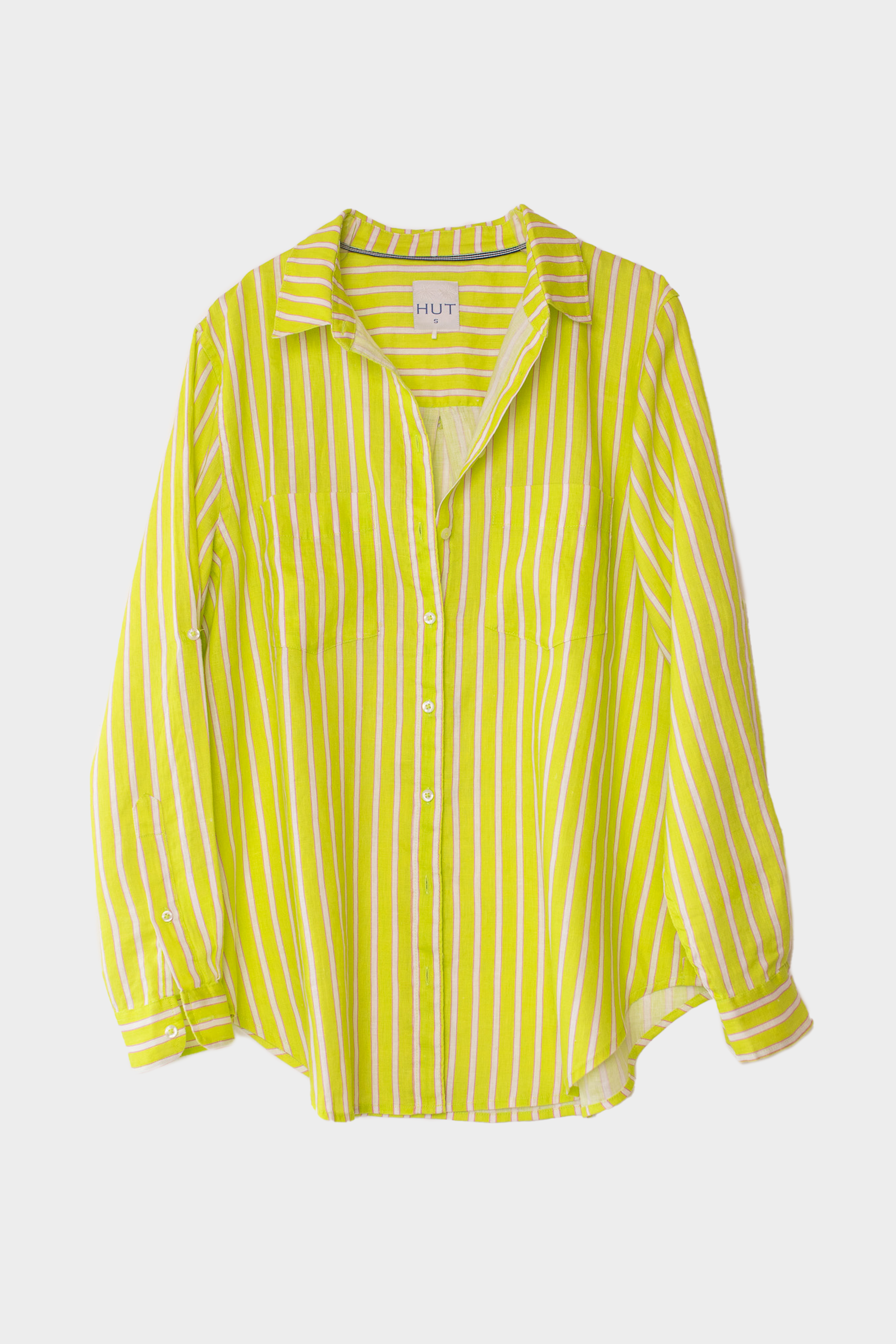 Piney Limey Stripe Boyfriend Linen Shirt by Hut Clothing shown in a relaxed fit with green and white stripes.