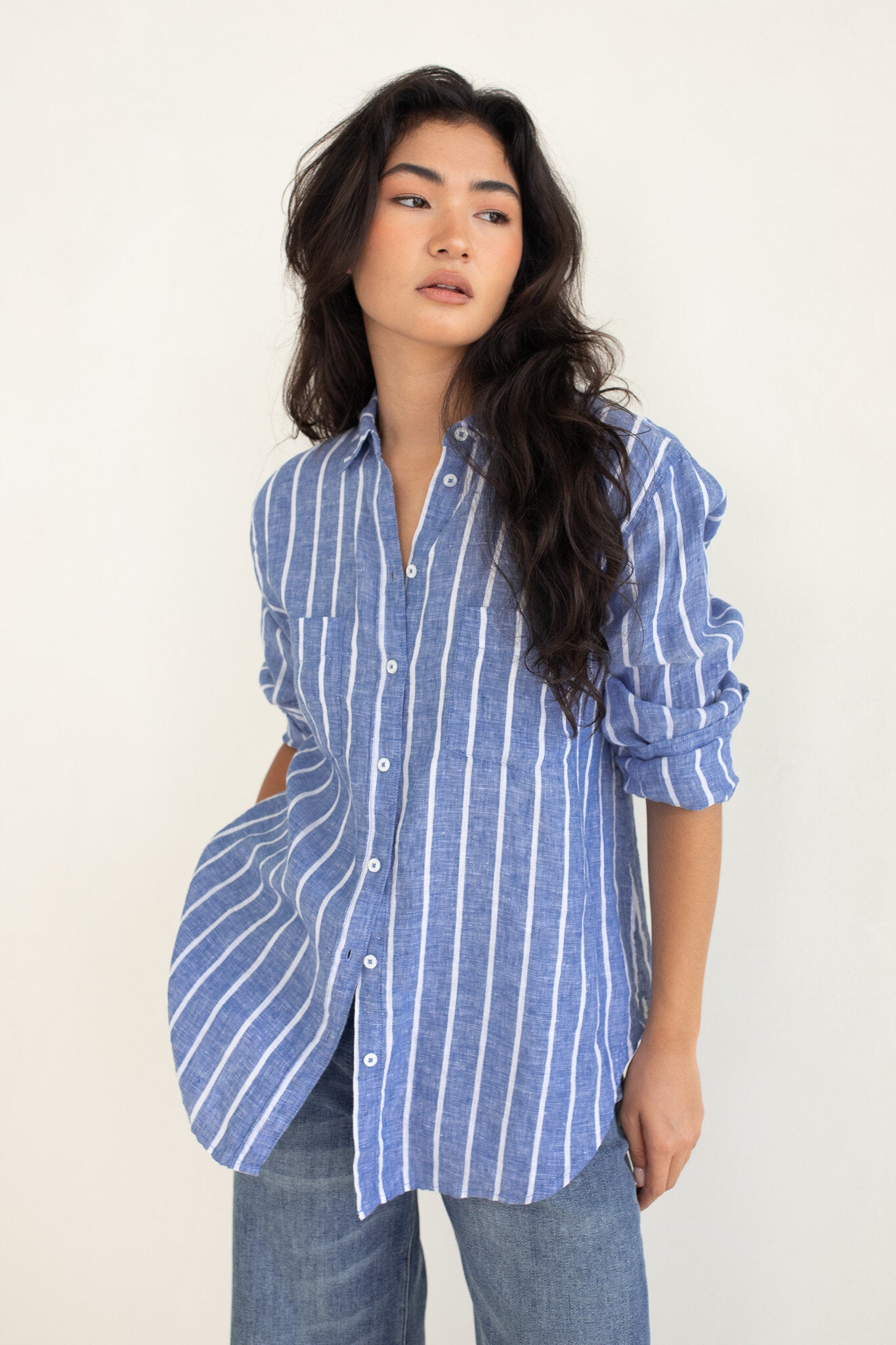 Marine Stripe Boyfriend Linen Shirt by Hut Clothing, showing a relaxed fit with blue and white horizontal stripes.