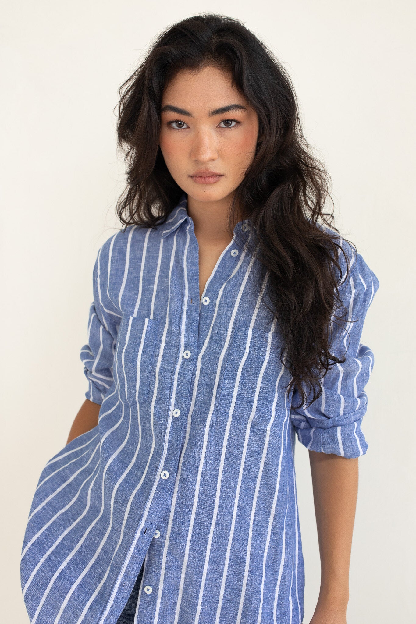 Marine stripe boyfriend linen shirt by Hut Clothing, featuring a relaxed fit with blue and white nautical-inspired stripes.