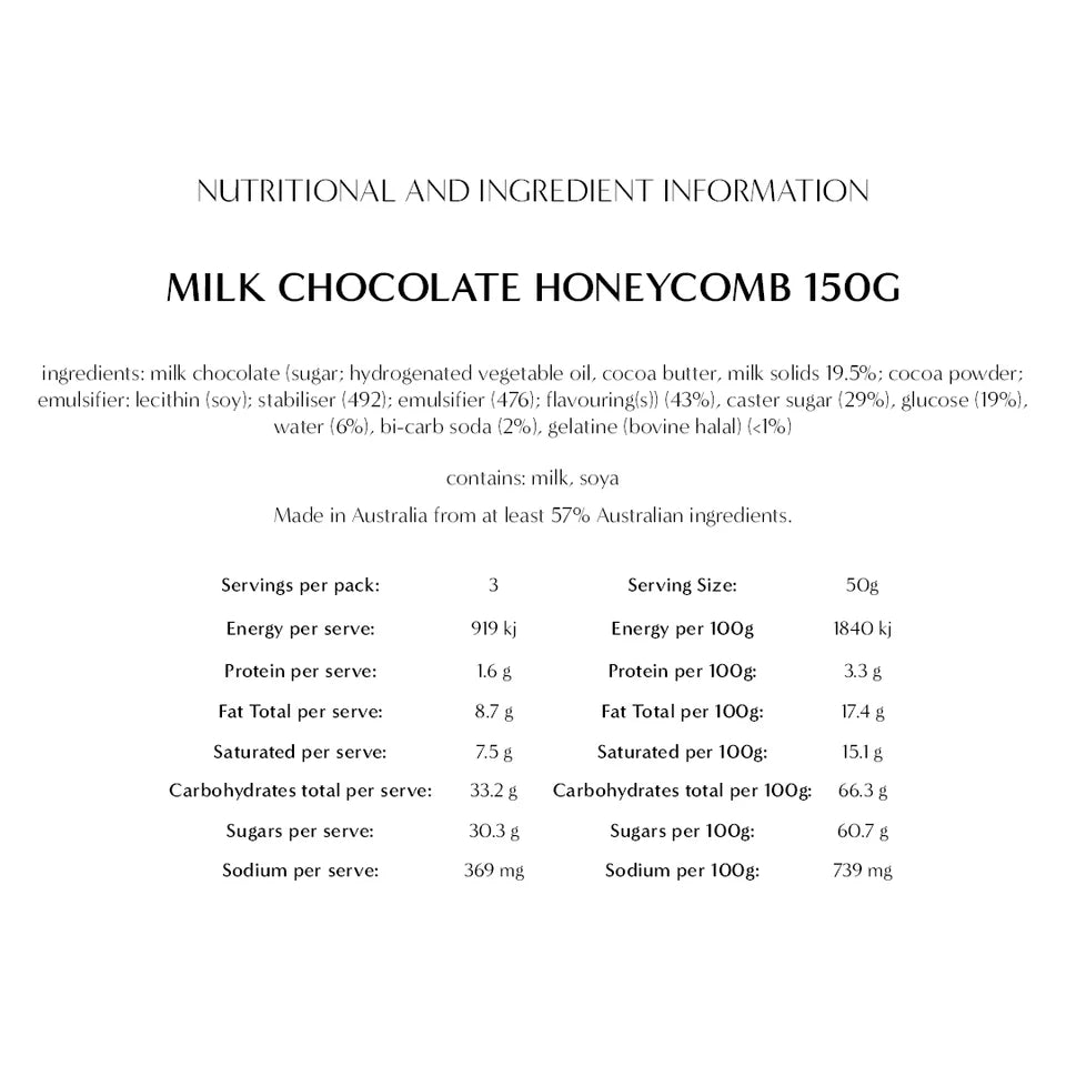 Milk chocolate honeycomb in a 150g New Farm package, showcasing golden honeycomb pieces coated in smooth milk chocolate.