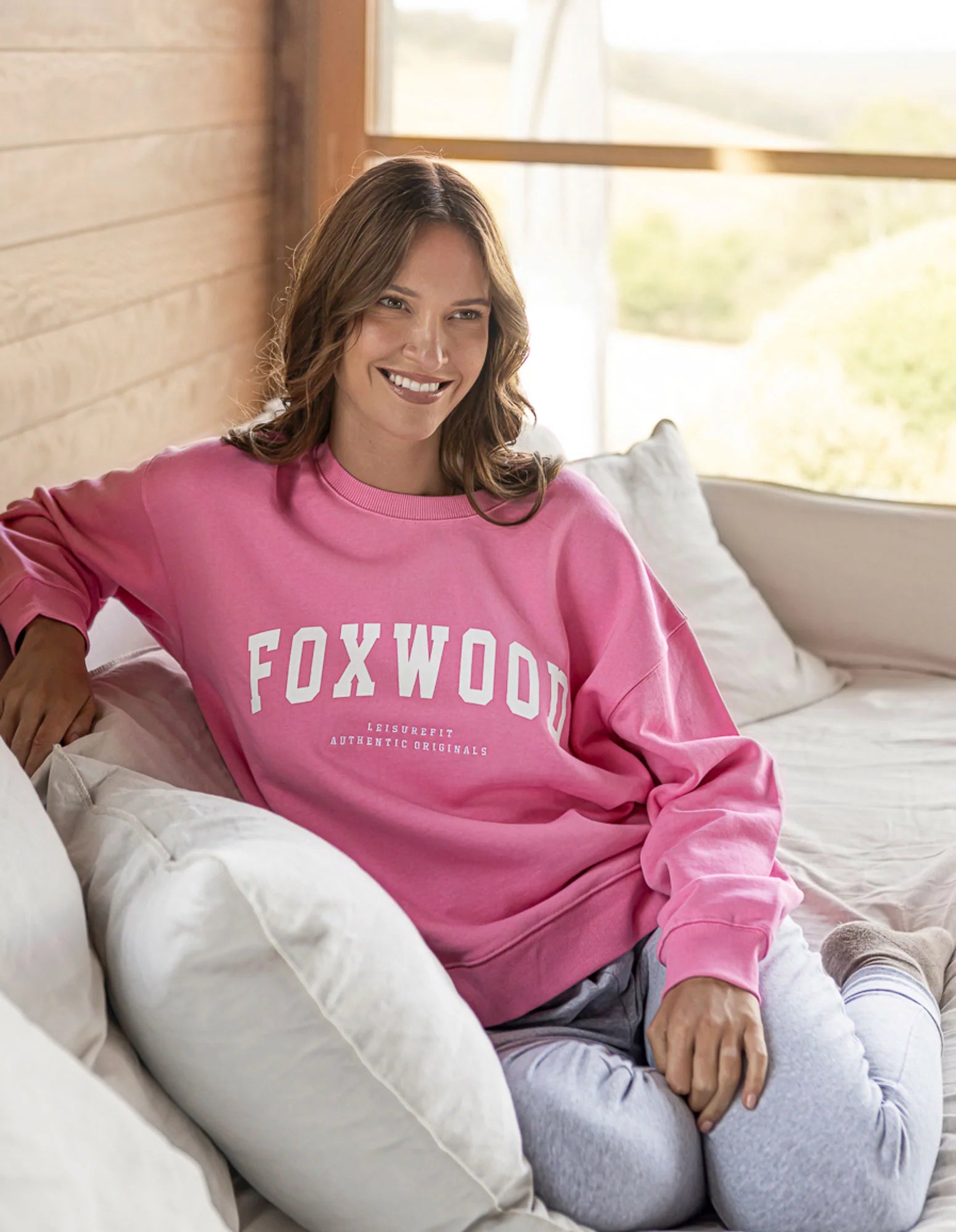 Foxwood Interval Crew in Bubblegum Pink featuring a soft knit fabric and classic crew neckline, displayed on a mannequin.