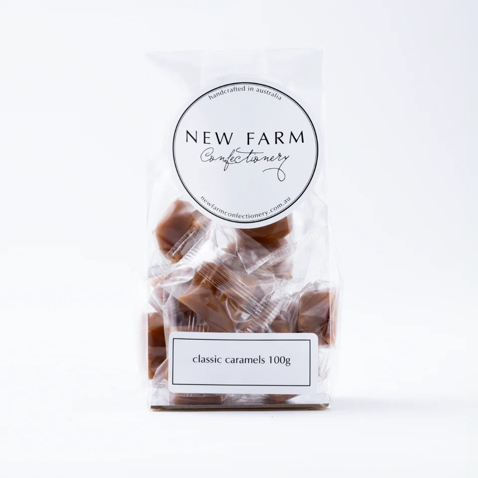 Creamy Classic Caramel 100g from New Farm, showcasing smooth caramel pieces in a clear package.