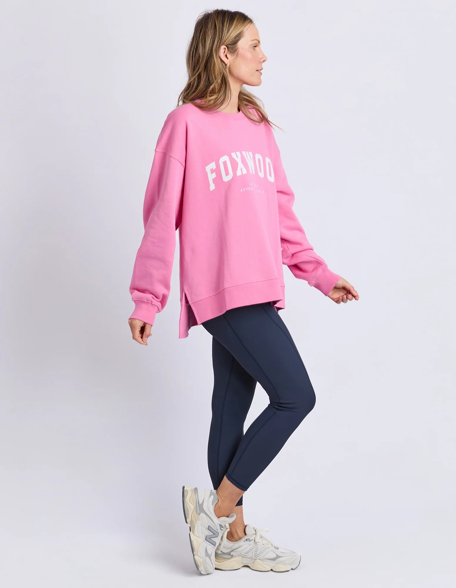 Foxwood Interval Crew in Bubblegum Pink, soft knit sweater with ribbed collar and cuffs, displayed flat on a white background.